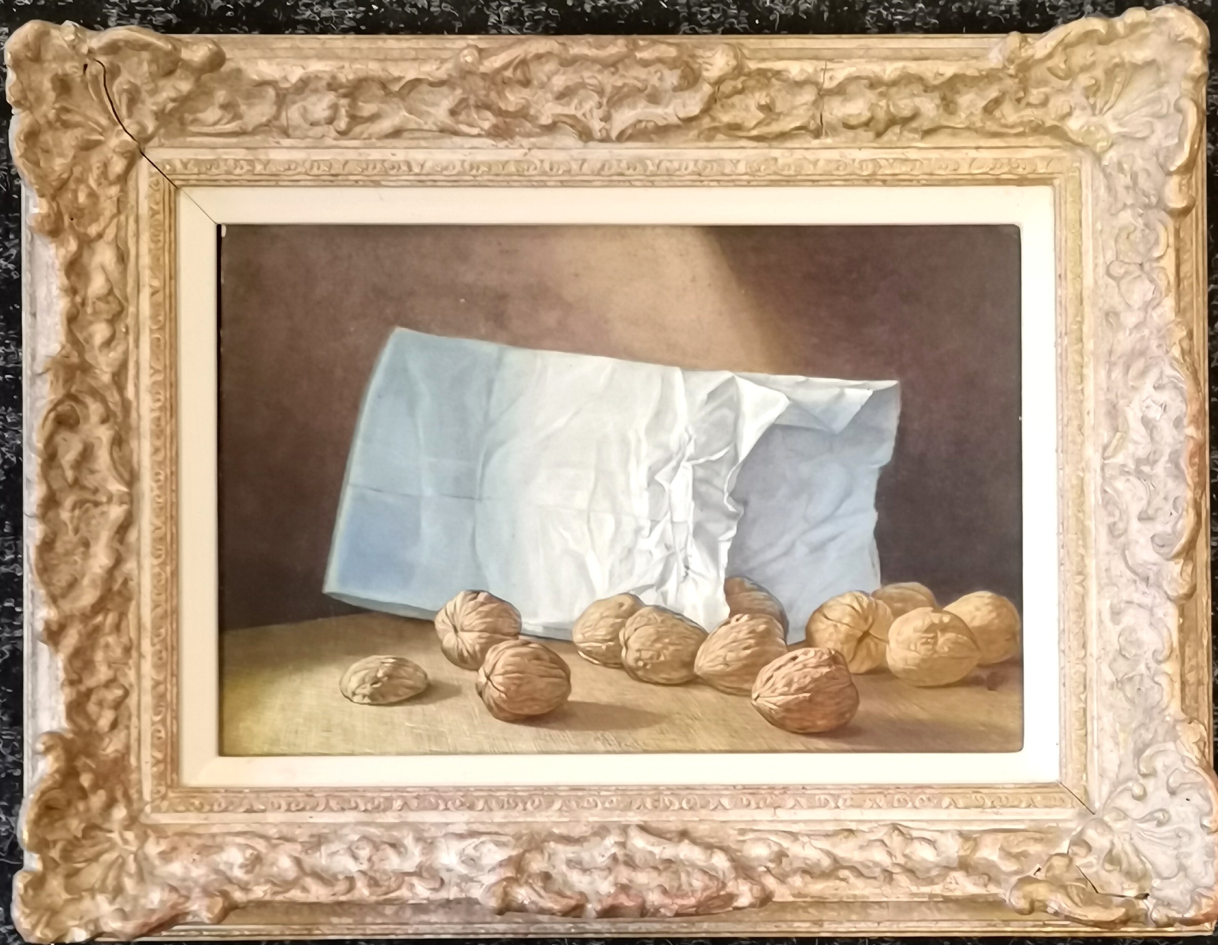 Framed oil on board painting of walnuts with a monogram Gouache - slight stress cracks to frame -