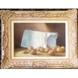 Framed oil on board painting of walnuts with a monogram Gouache - slight stress cracks to frame -