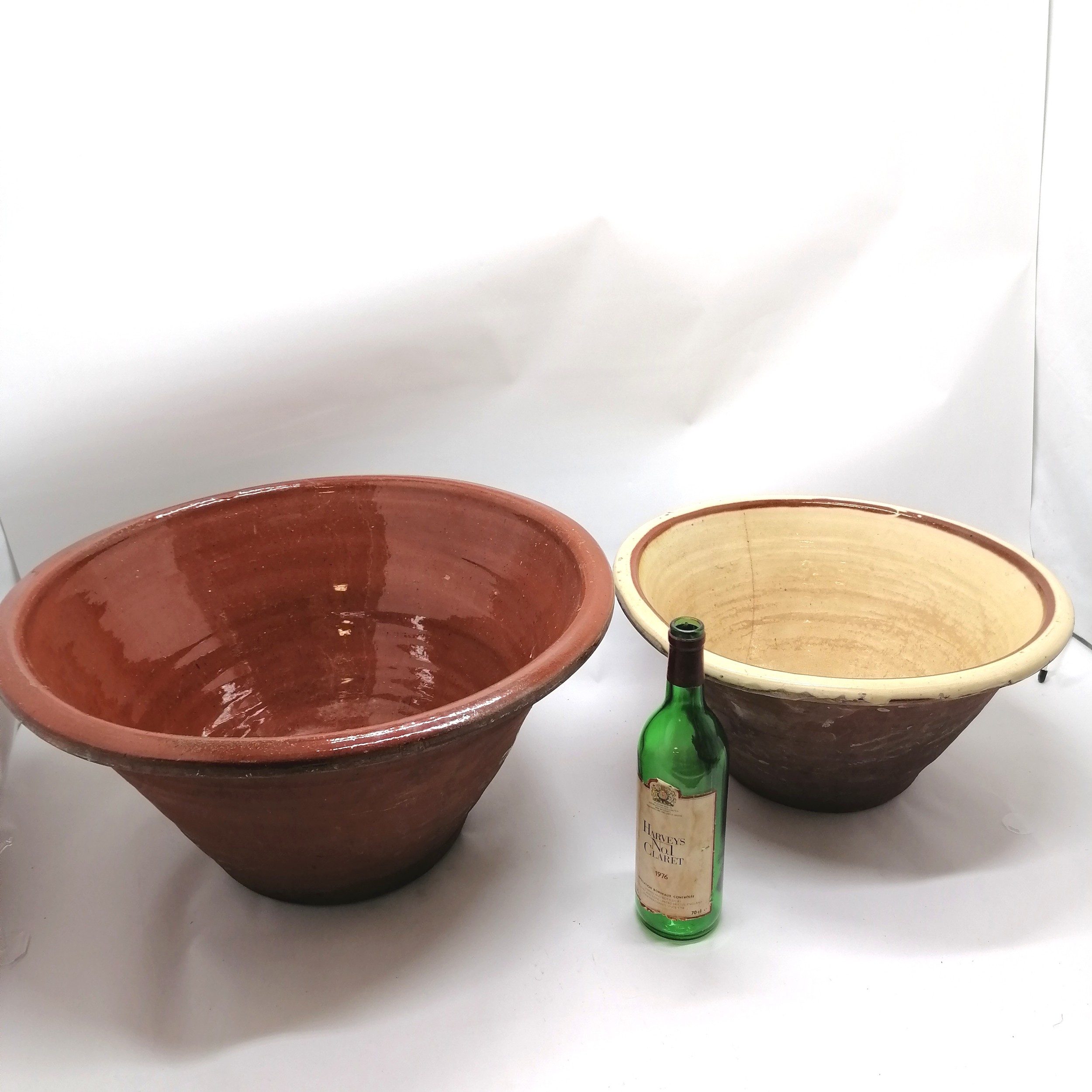 Antique brown glazed terracotta 53cm dairy bowl - 26.5cm high with no obvious damage t/w yellow