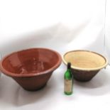 Antique brown glazed terracotta 53cm dairy bowl - 26.5cm high with no obvious damage t/w yellow