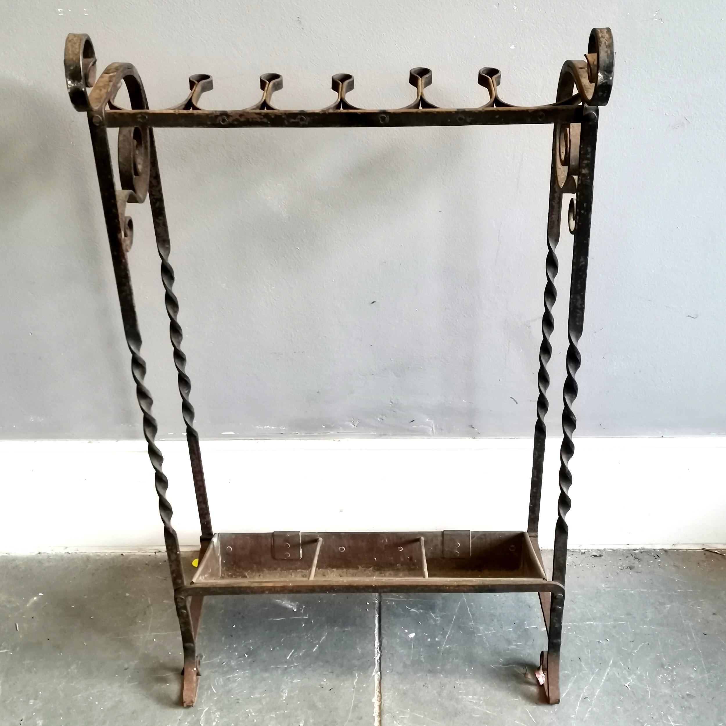 Antique wrought iron stick stand with brass & steel drip tray (Rd 473759) - 83cm high x 44cm wide - Image 2 of 4