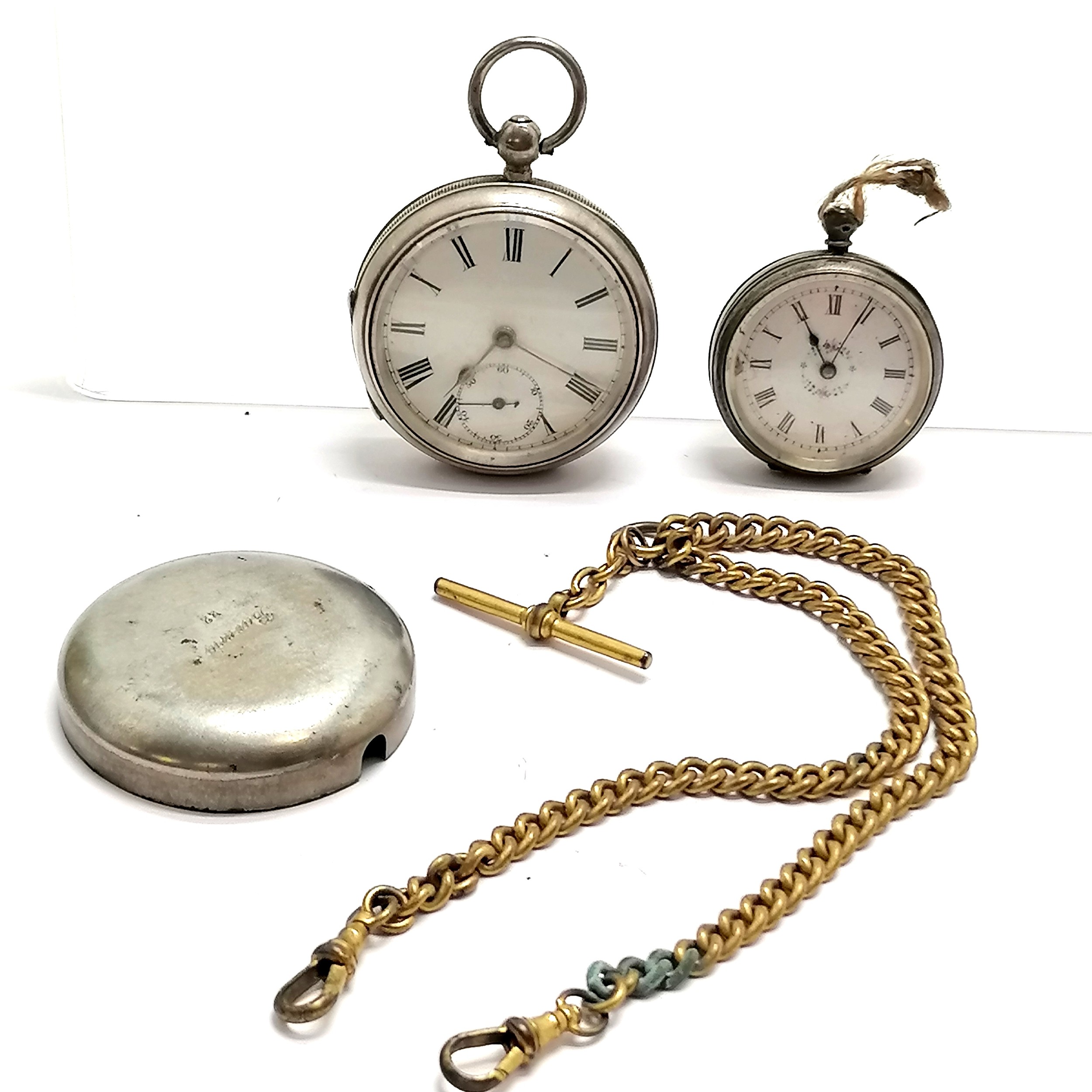 2 x antique silver cased pocket watches - smallest 34mm case & lacks ring t/w gilt metal double