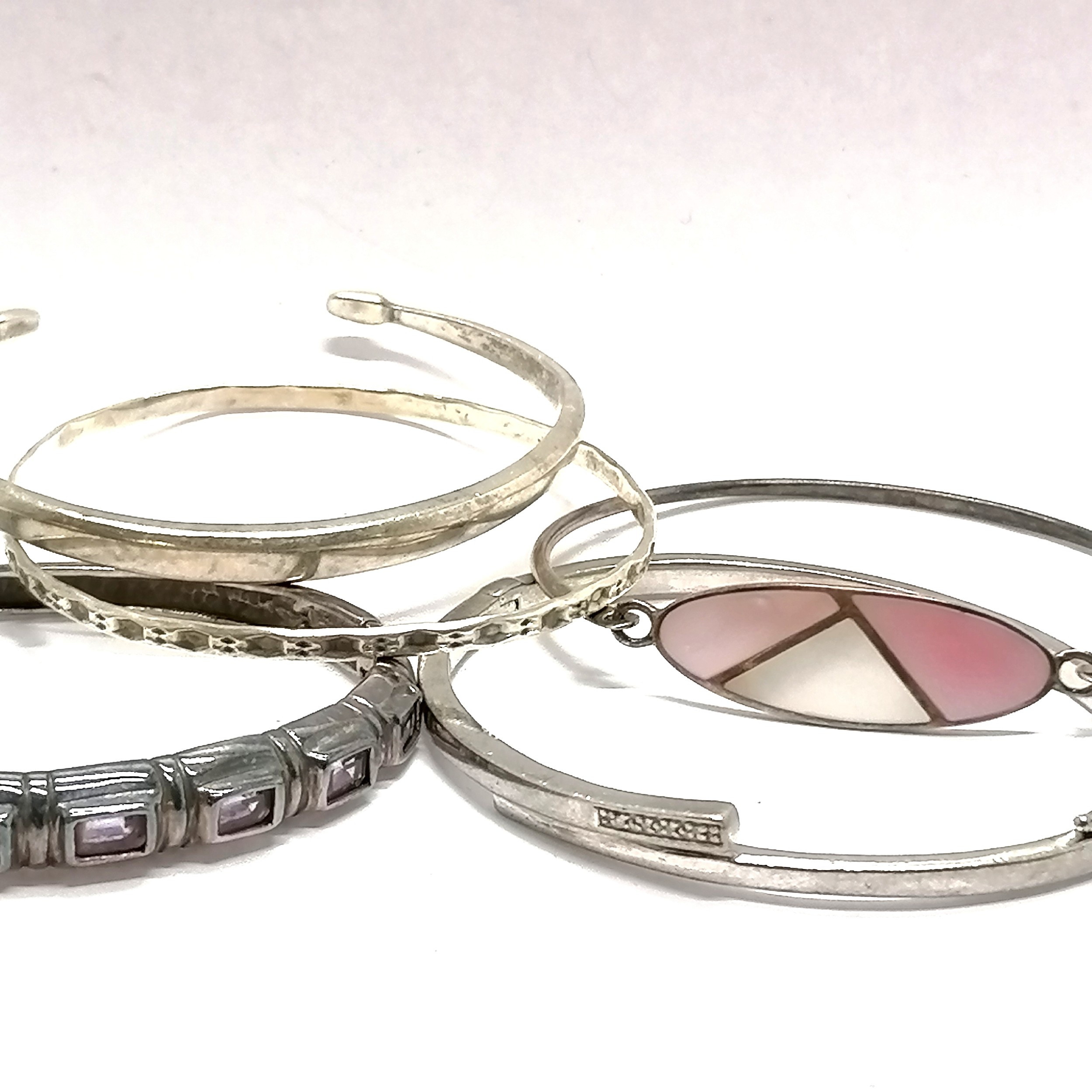 5 x silver marked bangles inc diamond set, amethyst, mother of pearl etc - total weight 66g - SOLD - Image 2 of 2