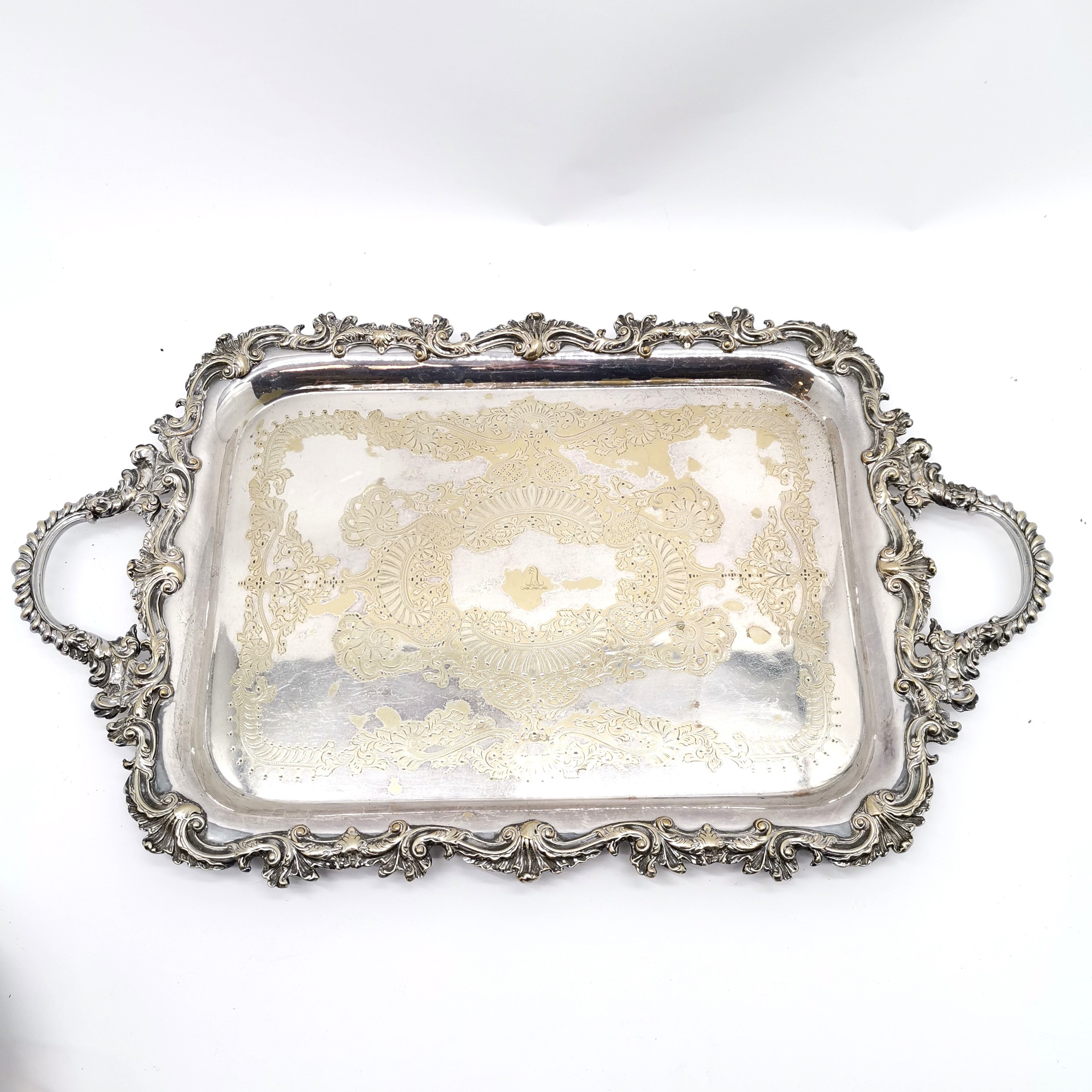 Antique silver plated tray with 2 handles, embossed border & engraved detail - 66cm x 39cm (has - Image 8 of 9