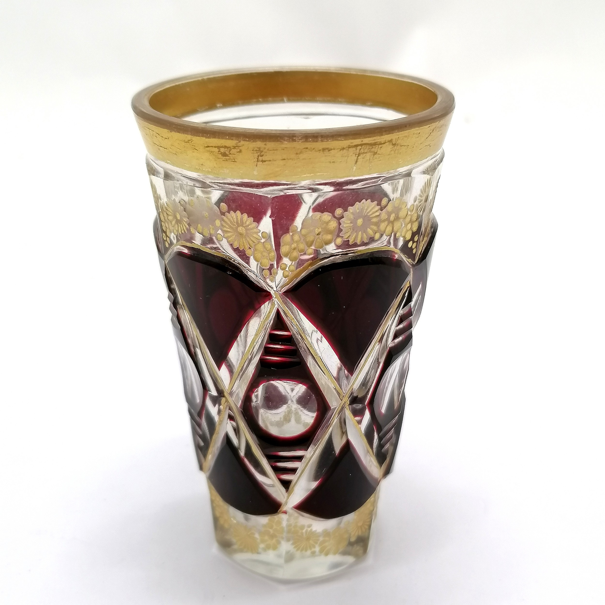 Antique Bohemian overlaid glass tumbler with ruby & gilded detail - 9cm high ~ slight wear to