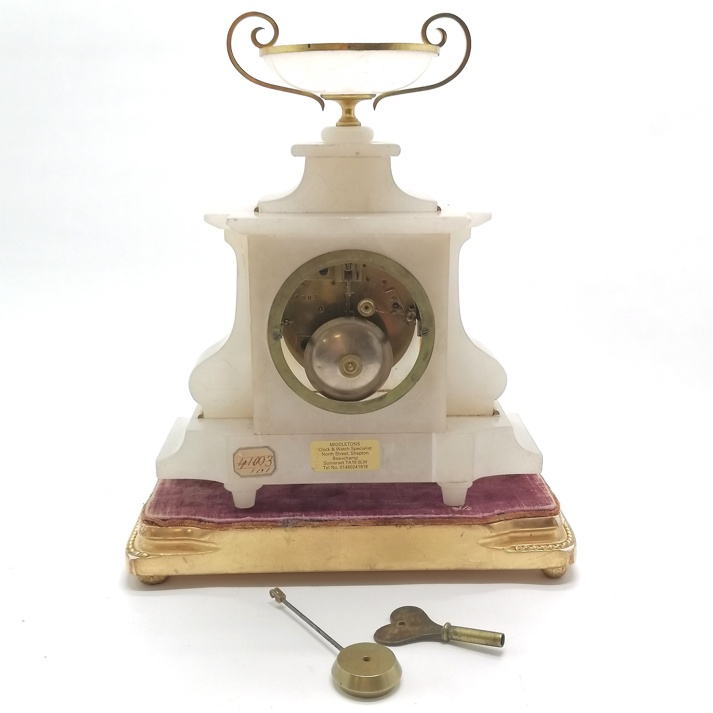 Antique Yates Haywood & Co (London) alabaster & gilt metal mounted bell strike clock under glass - Image 3 of 6