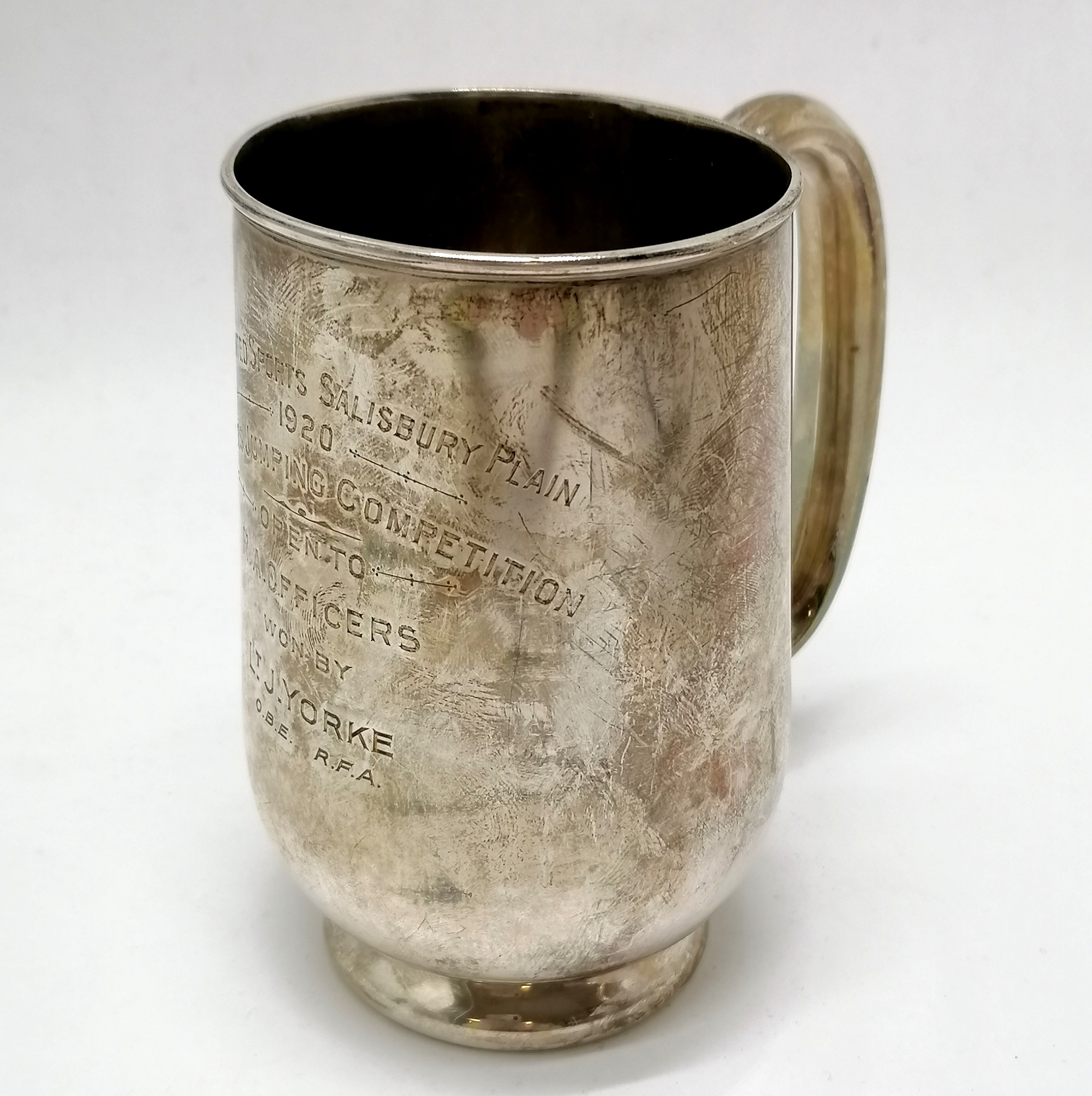 1918 silver tankard by James Dixon & Sons Ltd won in 1920 for Officers jumping by Lt J Yorke OBE - - Image 4 of 4