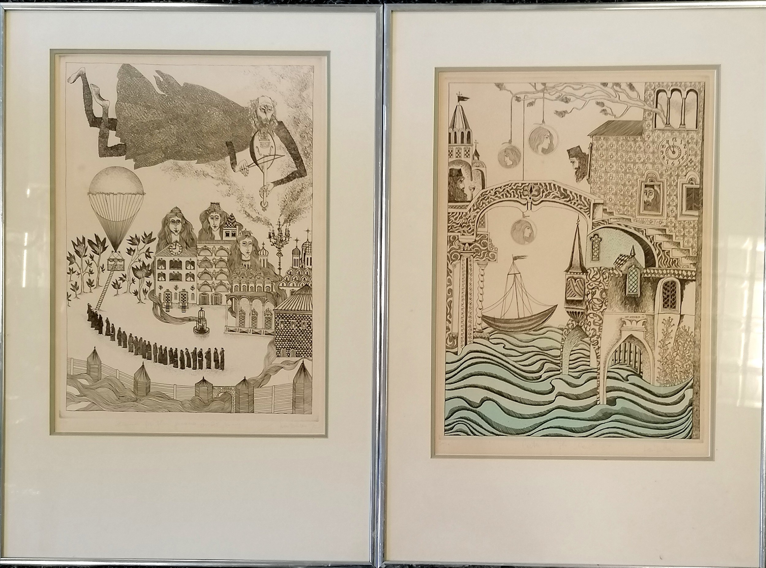 Ivan Dobroruka 2 x framed etchings ~ Serenade for the Princesses (artists proof) & Castle of the sea