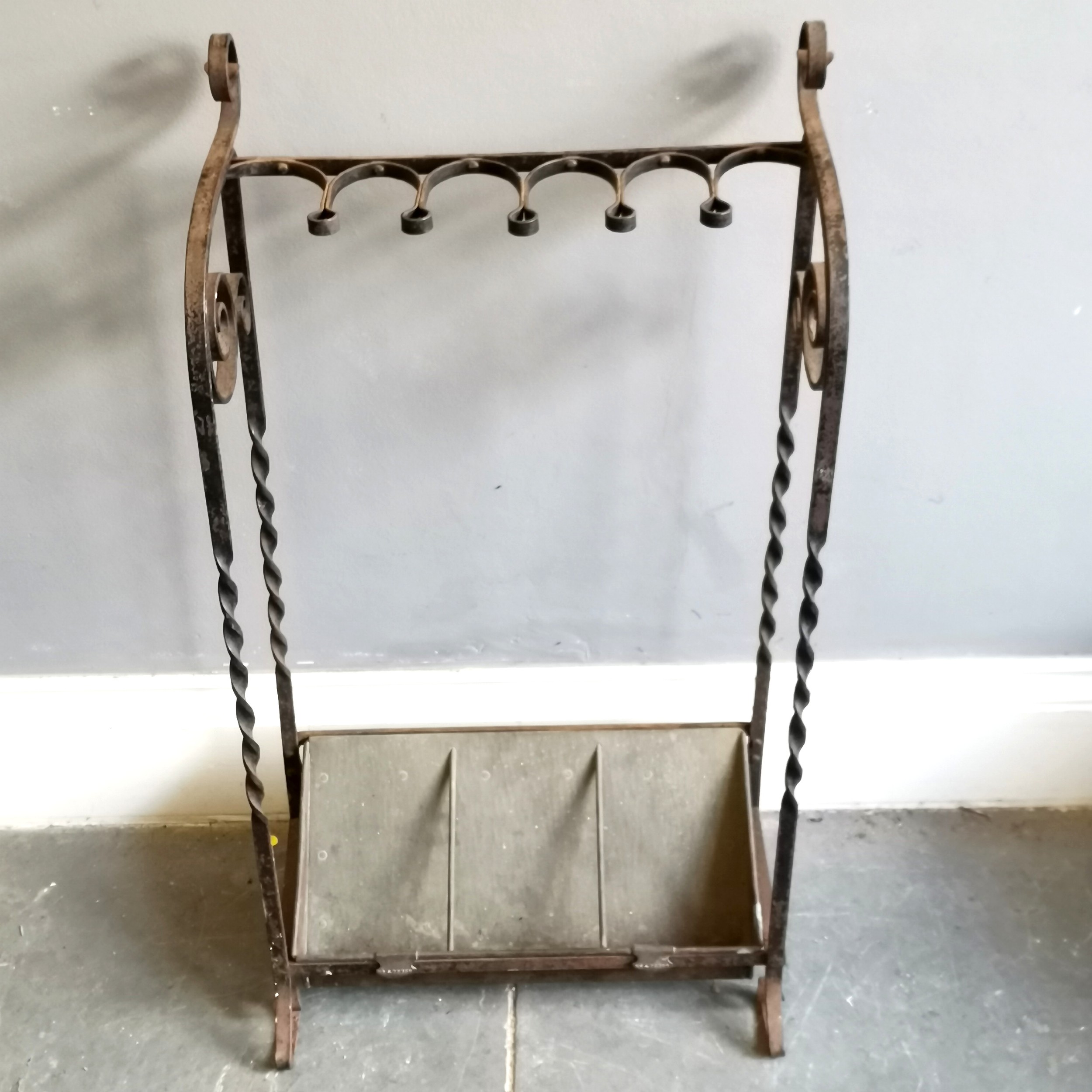 Antique wrought iron stick stand with brass & steel drip tray (Rd 473759) - 83cm high x 44cm wide
