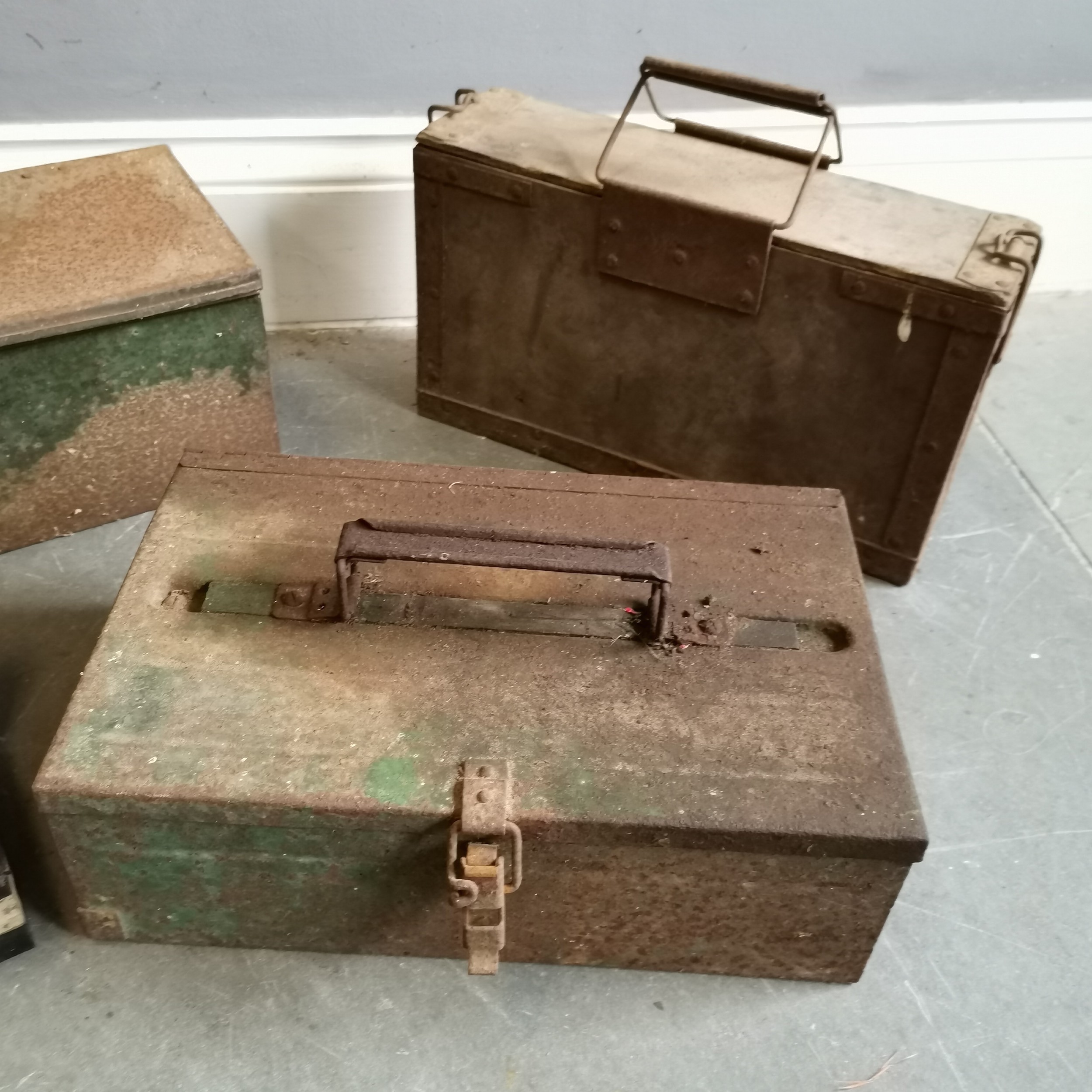 Vintage green metal tool box, 42cm wide x 19cm deep x 19cm high, 2 others t/w Vintage Romac metal - Image 3 of 4