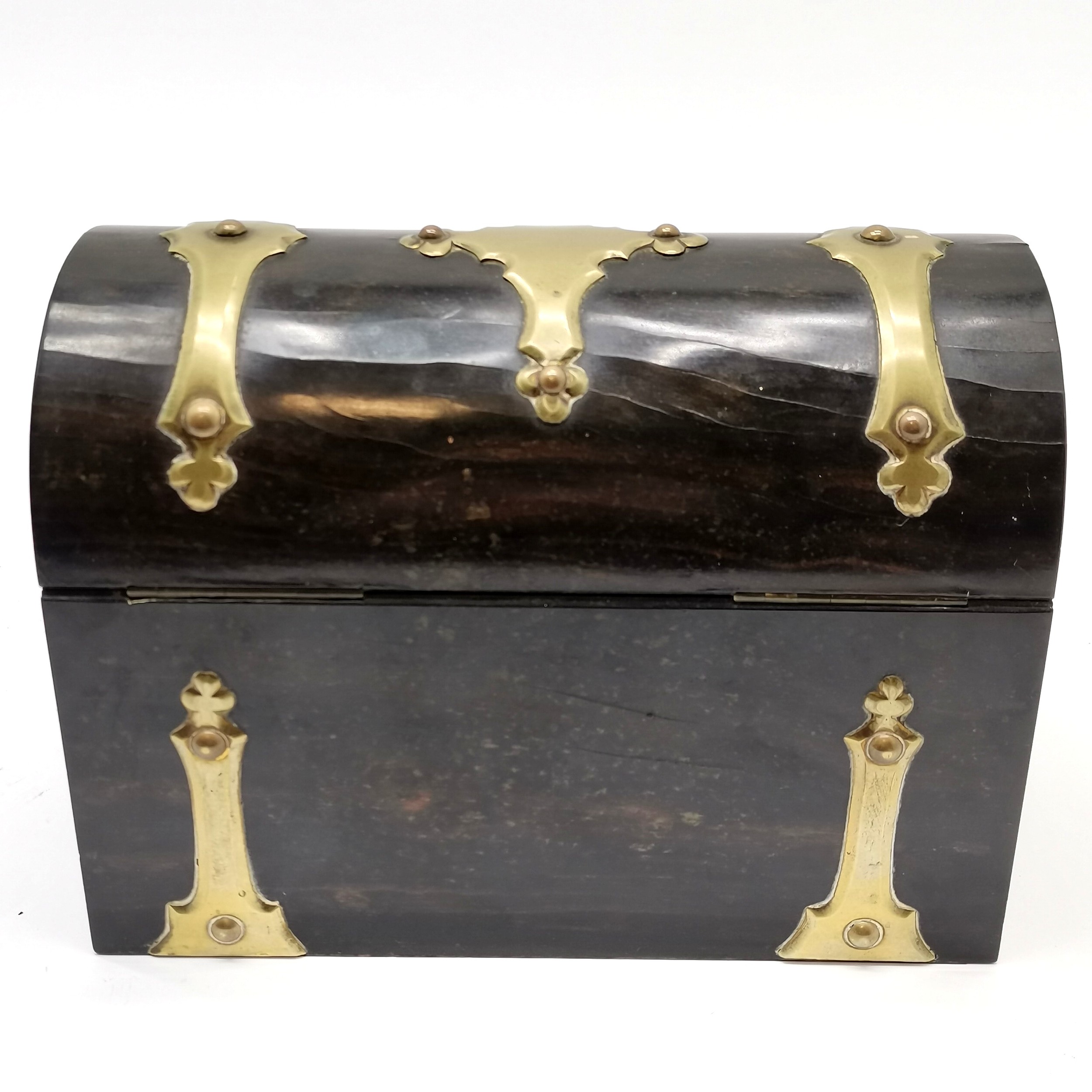 Antique coromandel wooden domed lidded stationery box with brass mounts - 22cm across x 16cm high - Image 4 of 5