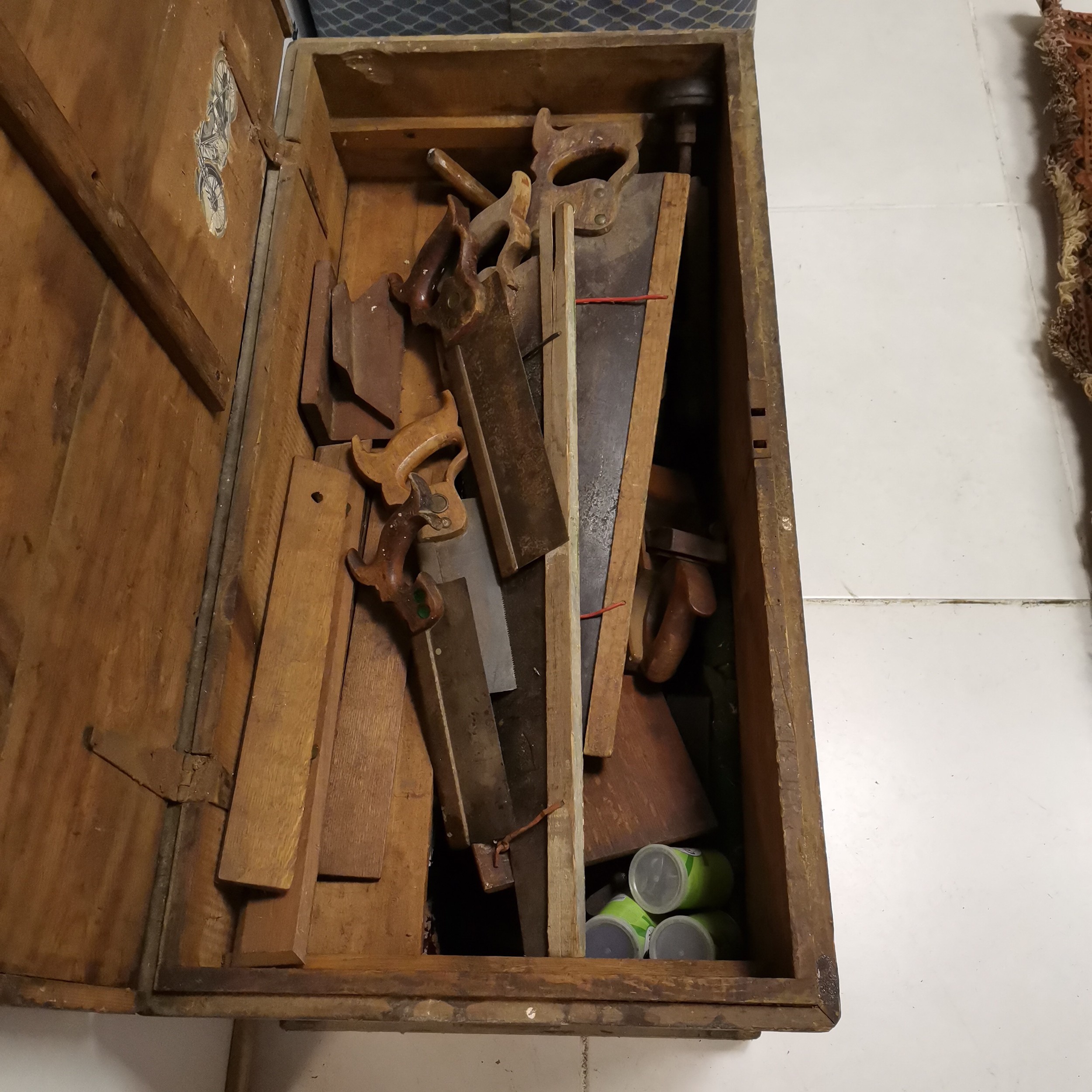 Large vintage tool chest containing a large quantity of various tools to include saws, wooden planes - Image 2 of 8