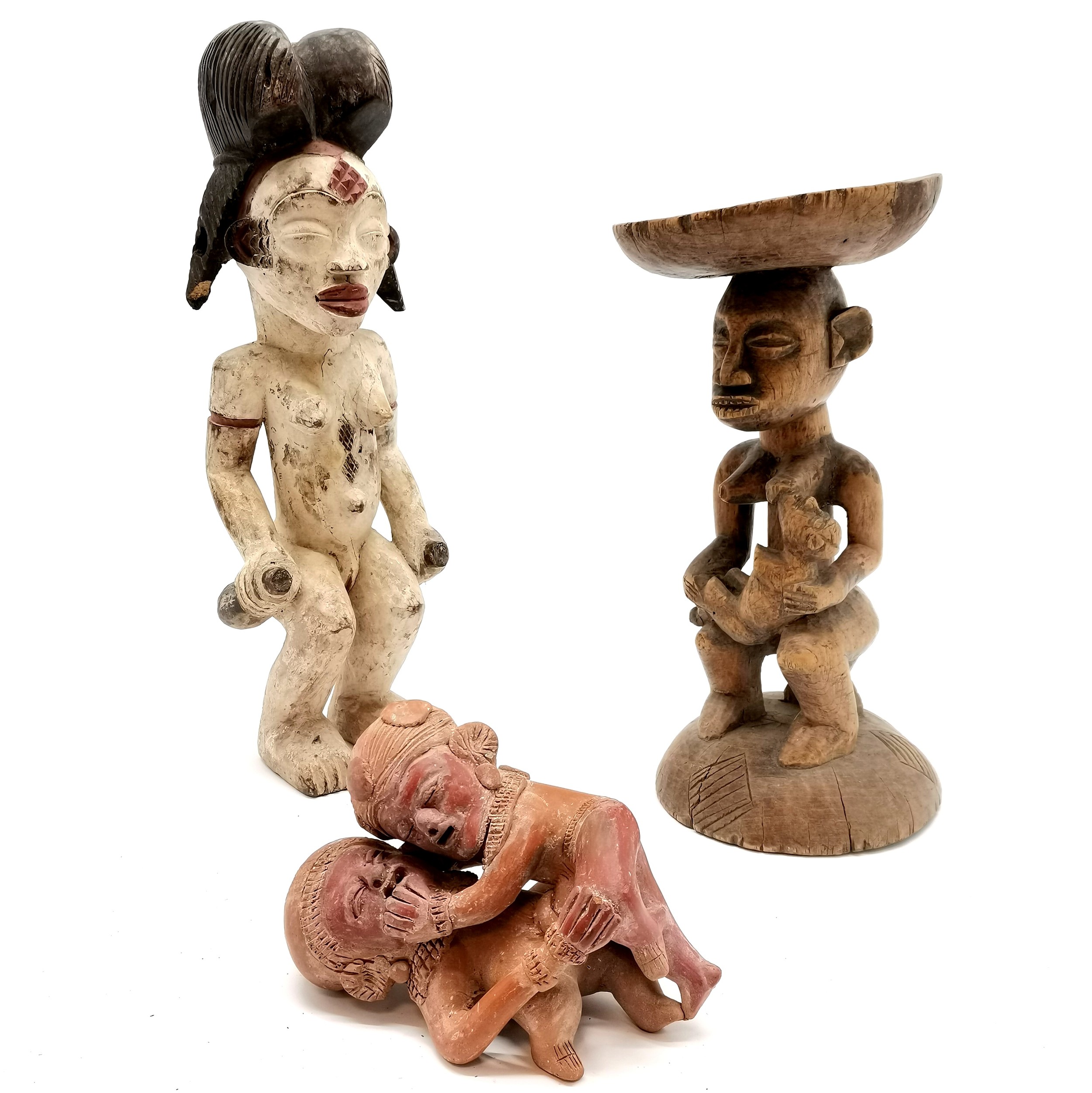 3 x African tribal figures inc terracotta copulating couple, 2 wooden figures (tallest 46cm) -