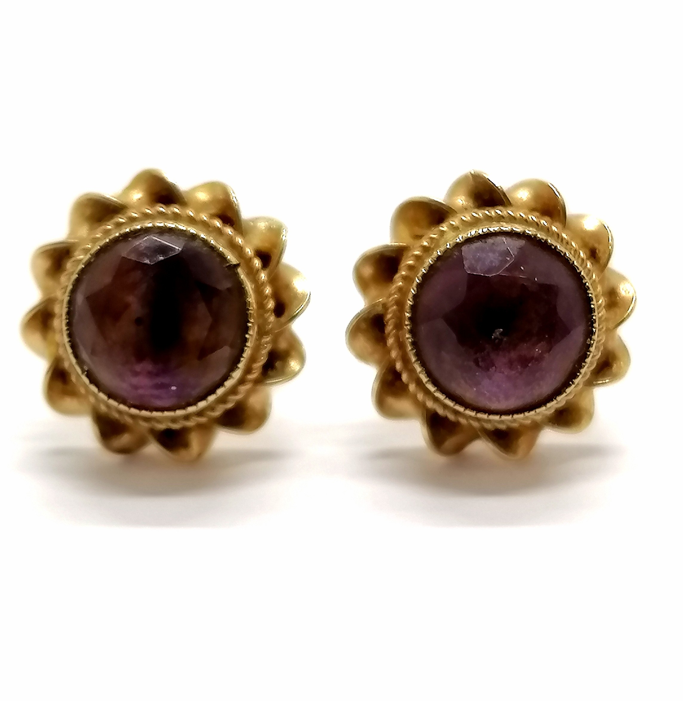 Pair of 9ct hallmarked gold amethyst stone set earrings - 2.2g total weight - SOLD ON BEHALF OF
