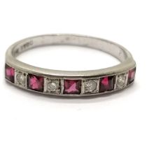 18ct marked white gold ruby / diamond half eternity ring - size V & 4.4g total weight