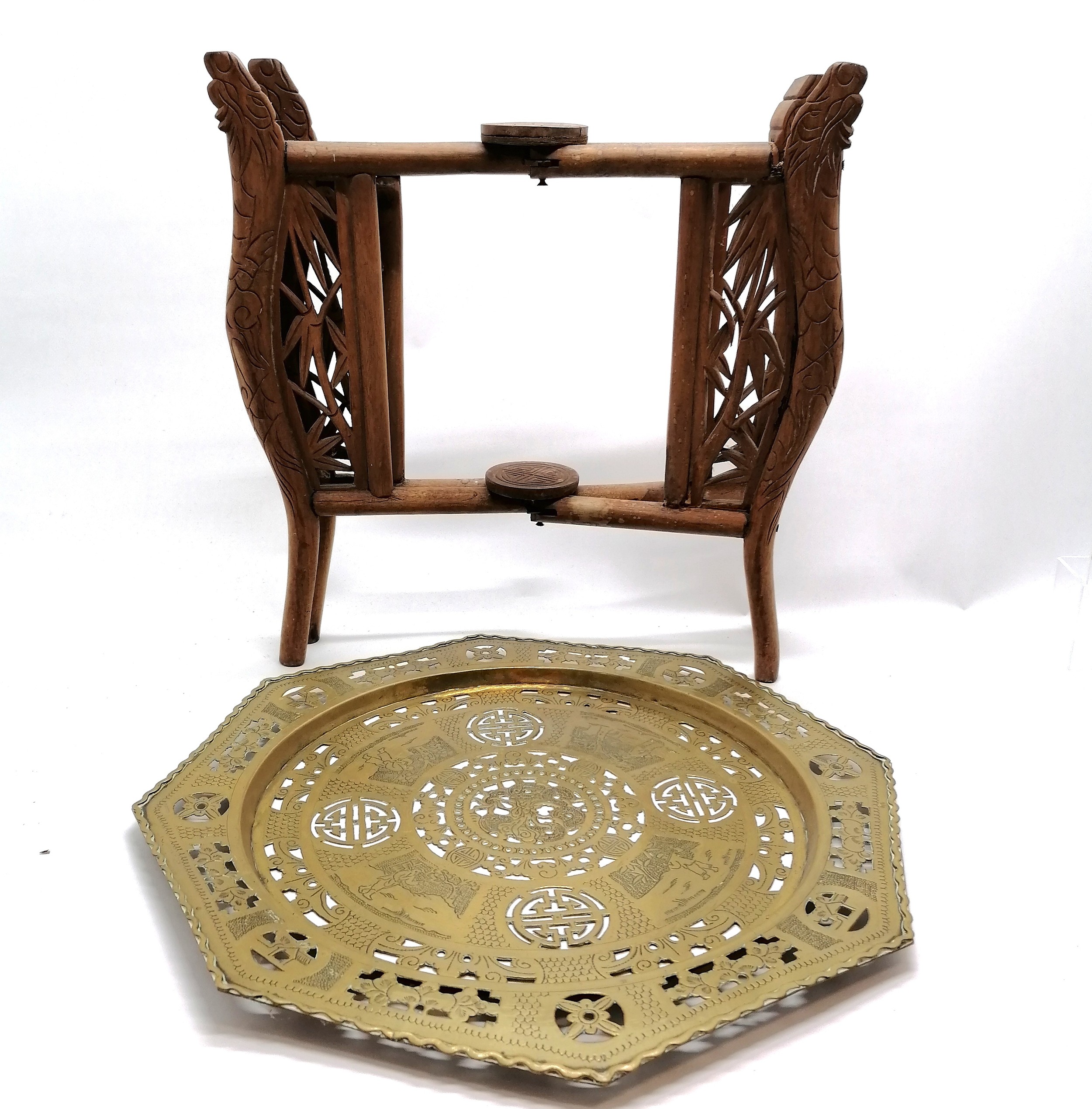 Oriental Chinese octagonal brass topped hand carved wooden folding table - 46cm high & 46cm top ~ - Image 2 of 4