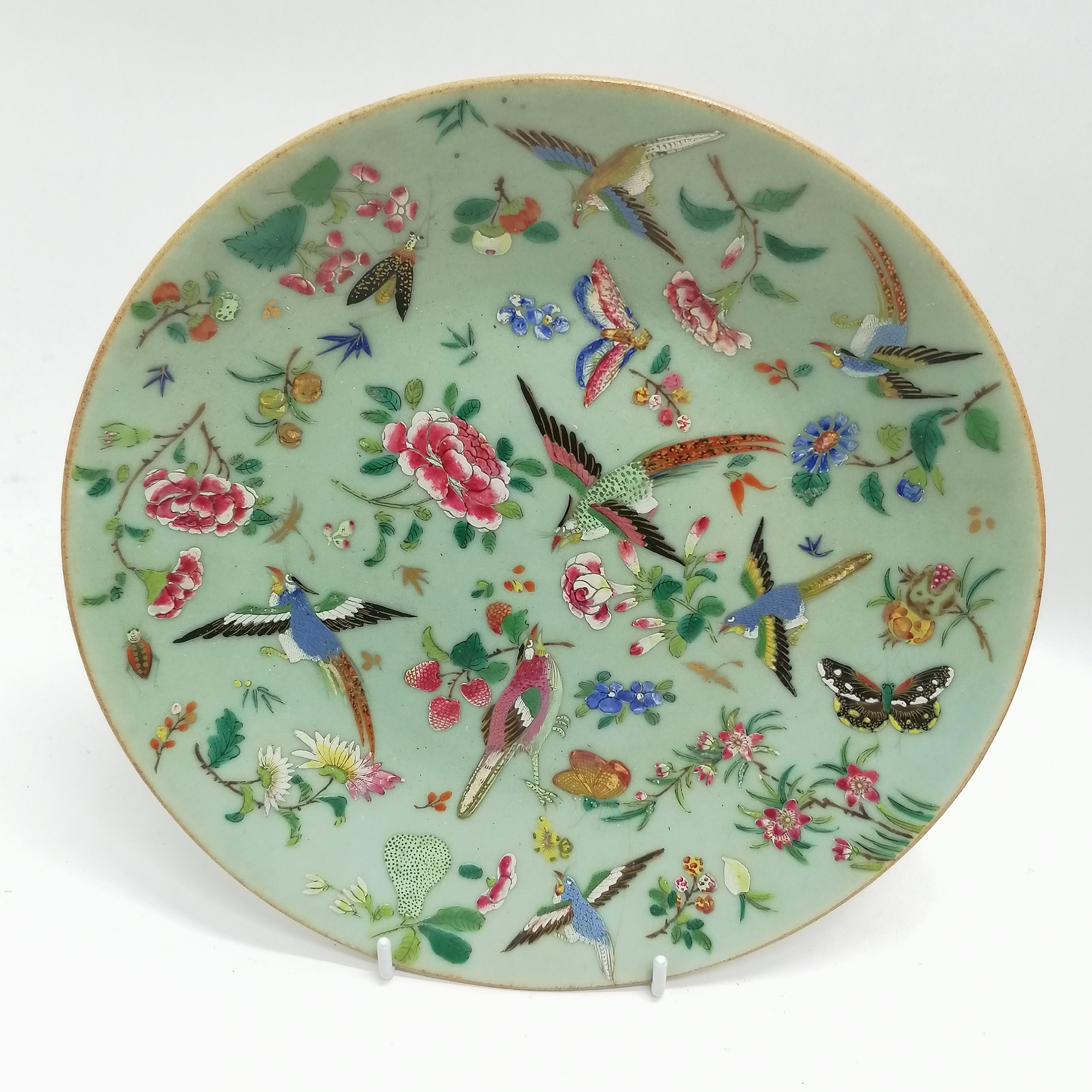 Pair of antique Chinese Cantonese plates with profuse bird & flower decoration - 25.5cm diameter & - Image 3 of 7