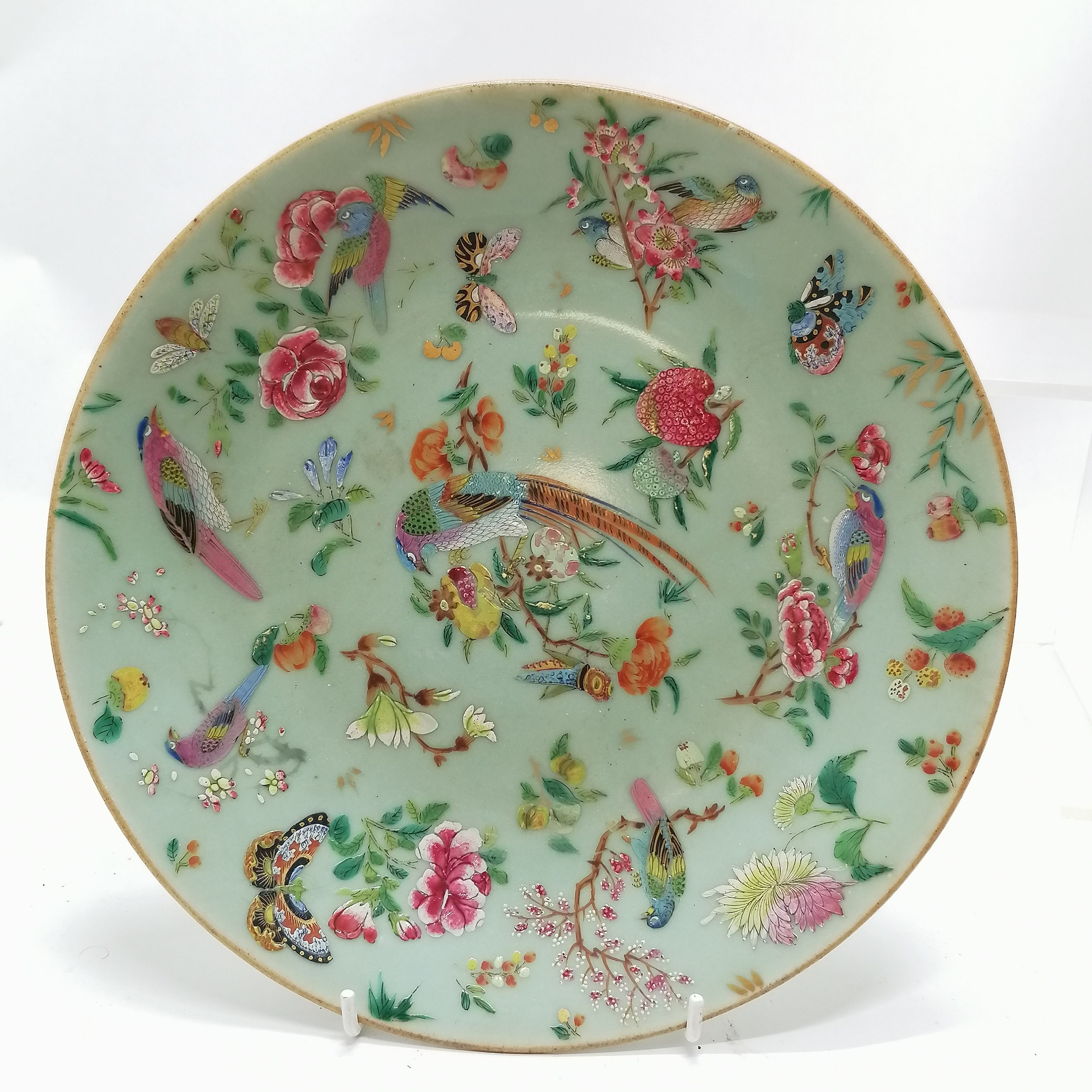 Pair of antique Chinese Cantonese plates with profuse bird & flower decoration - 25.5cm diameter & - Image 2 of 7