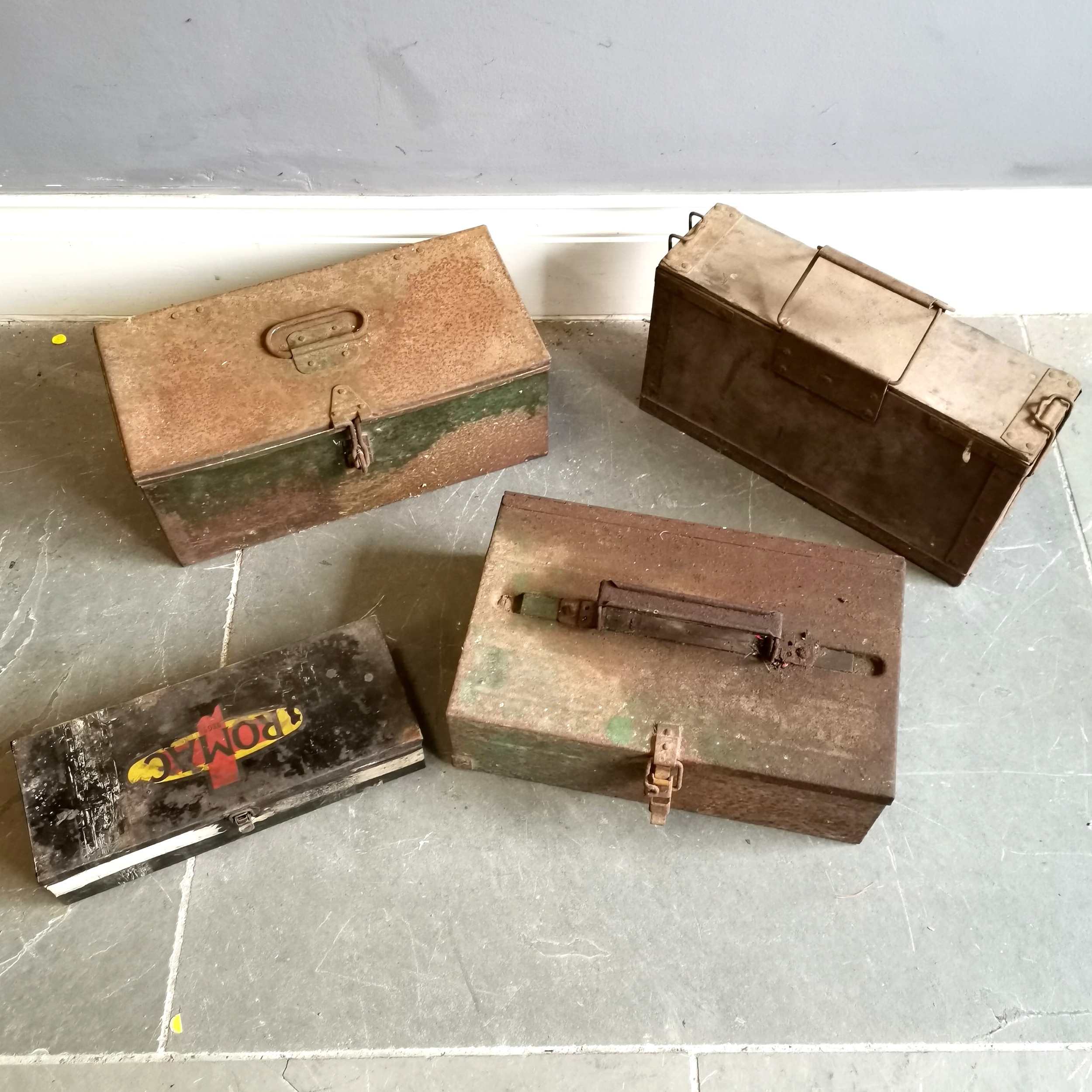 Vintage green metal tool box, 42cm wide x 19cm deep x 19cm high, 2 others t/w Vintage Romac metal - Image 2 of 4