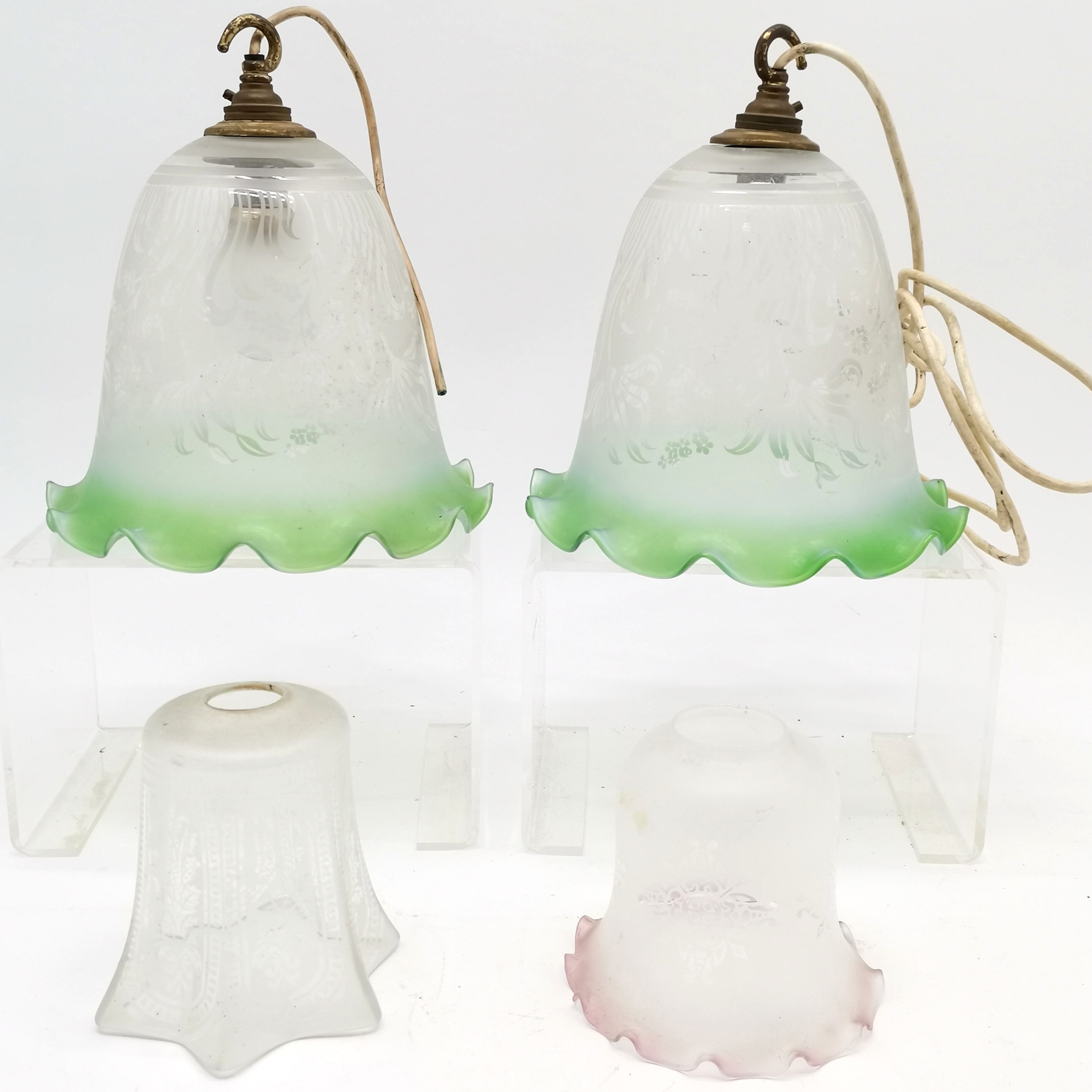 Pair of etched glass ceiling lights with green rim (26cm high) t/w 2 smaller etched glass ceiling