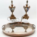 Pair of French gilded metal porcelain mounted Garnitures converted to lamps, t/w shades and shade
