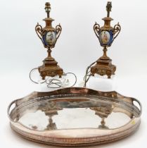 Pair of French gilded metal porcelain mounted Garnitures converted to lamps, t/w shades and shade