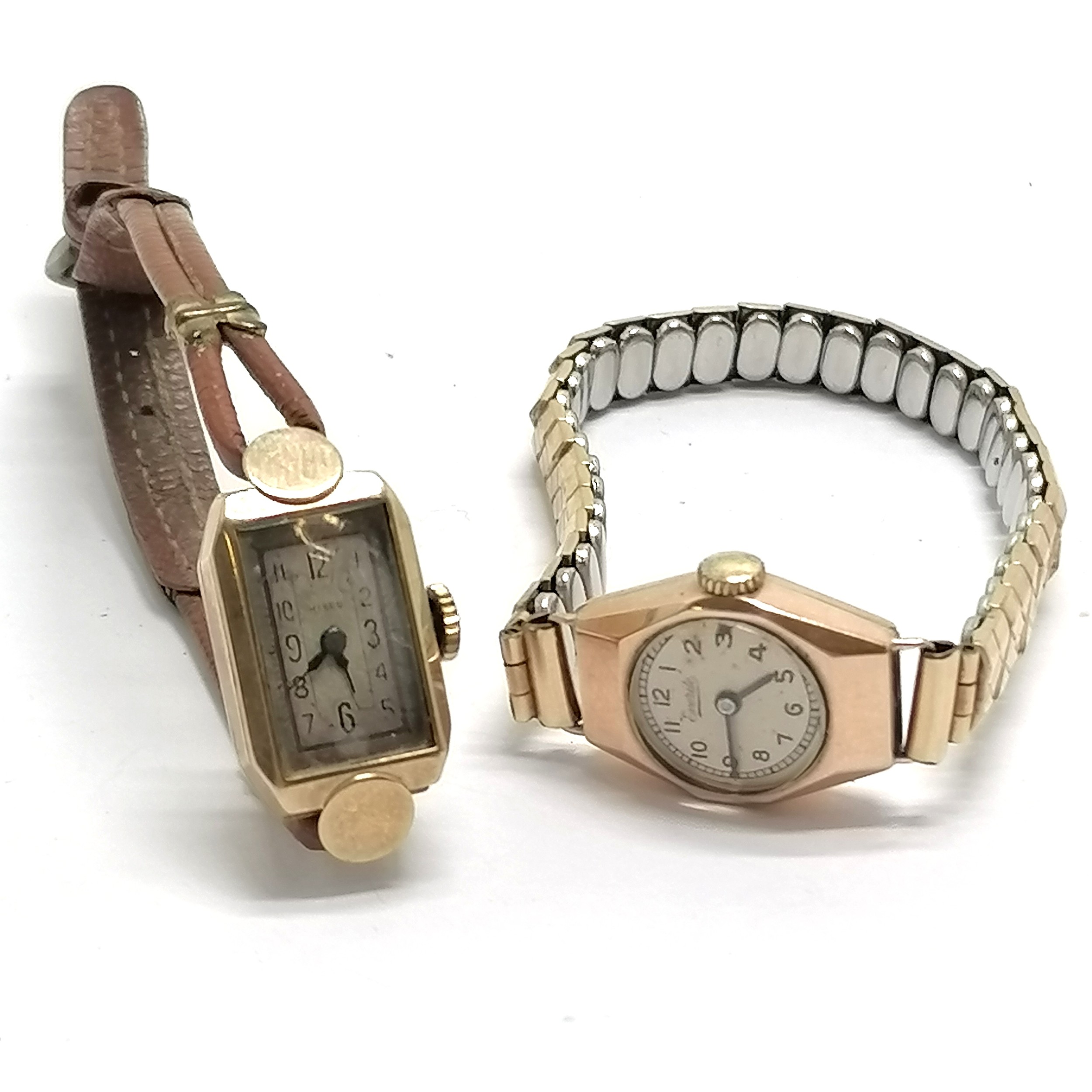 2 x 9ct gold cased ladies manual wind Art Deco wristwatches - Hirco & Everite on leather & gold