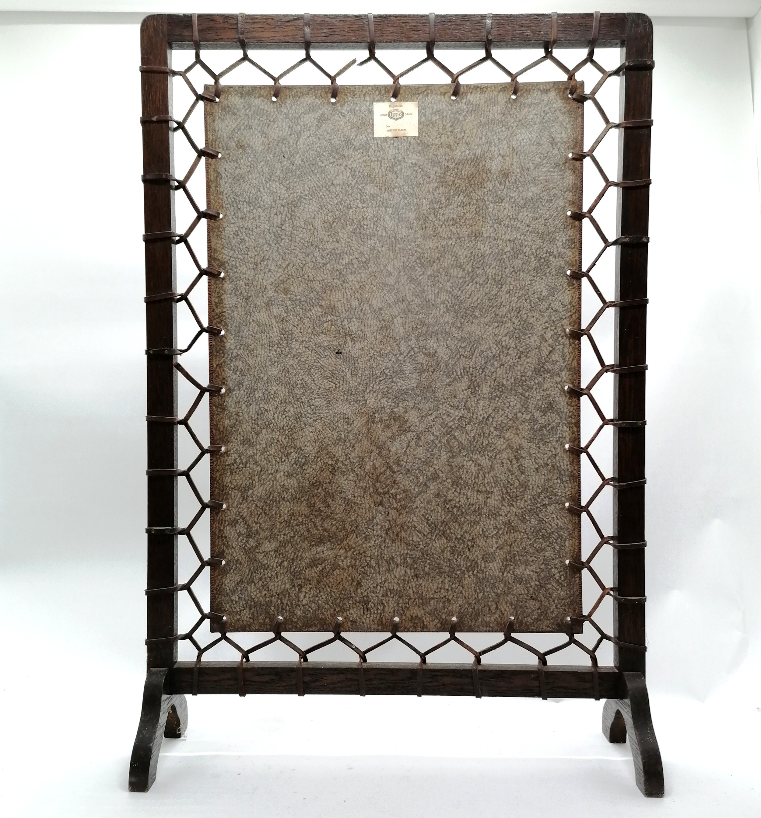 Liberty Arts & Crafts leather tooled fire screen attached to a wooden frame with leather stringing - Image 2 of 5
