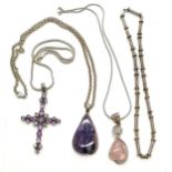 3 x silver necklaces (3 with stone set pendants inc amethyst / peridot cross) t/w fancy link