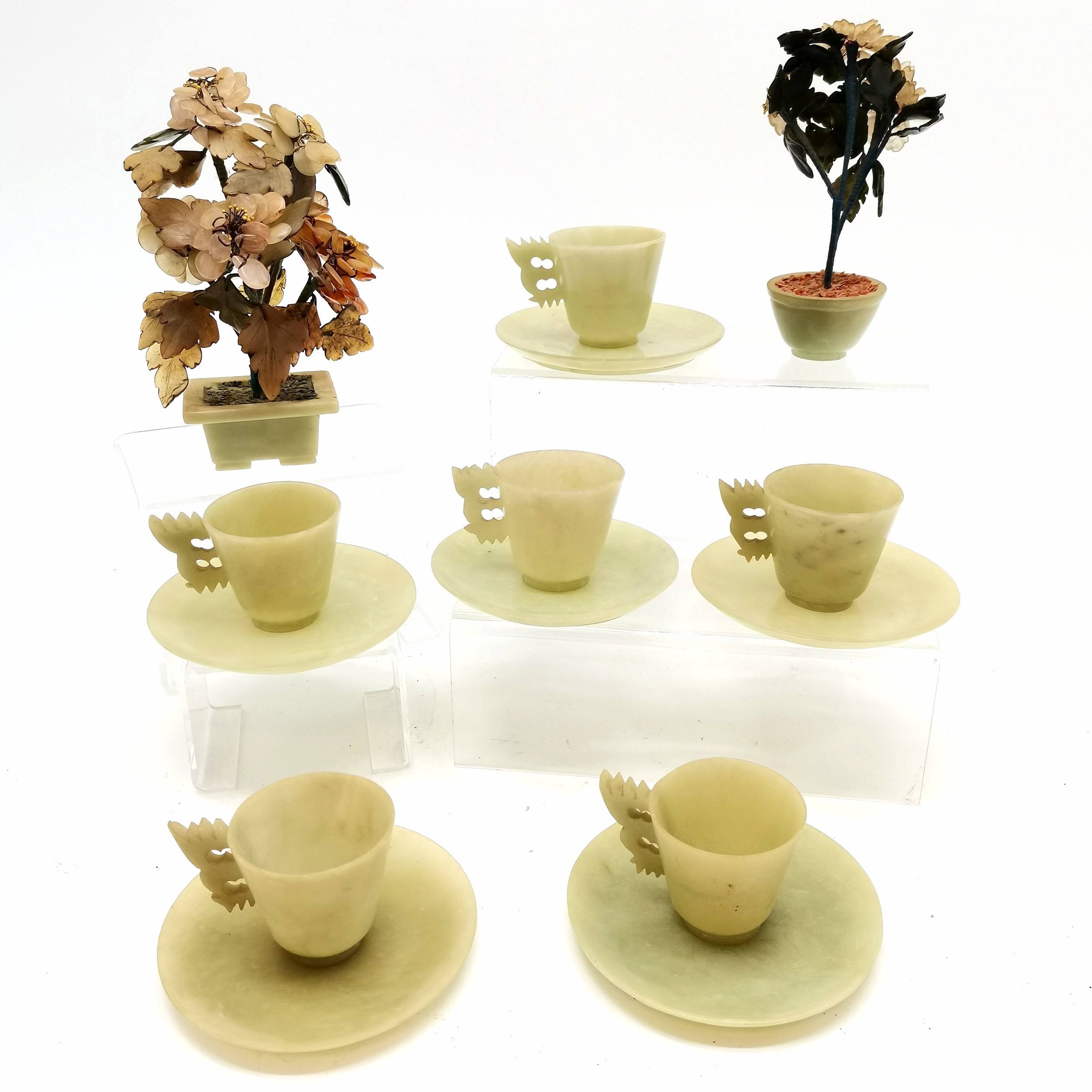 Oriental hand carved hardstone jade set of 6 x cups / saucers (11.5cm diameter) t/w 2 x flower