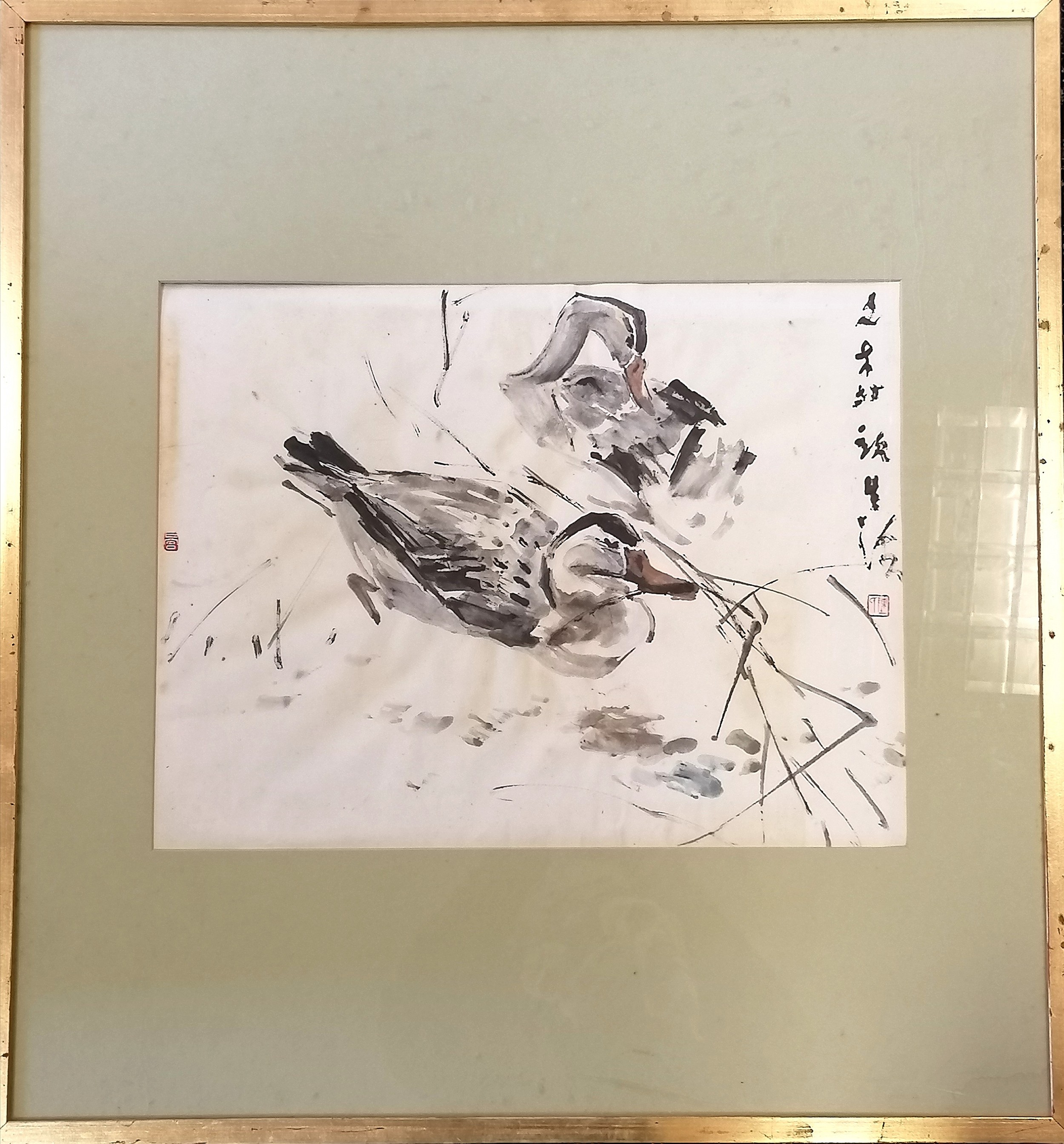 Oriental watercolour of pair of ducks ~ frame 68cm x 64cm - Image 2 of 2