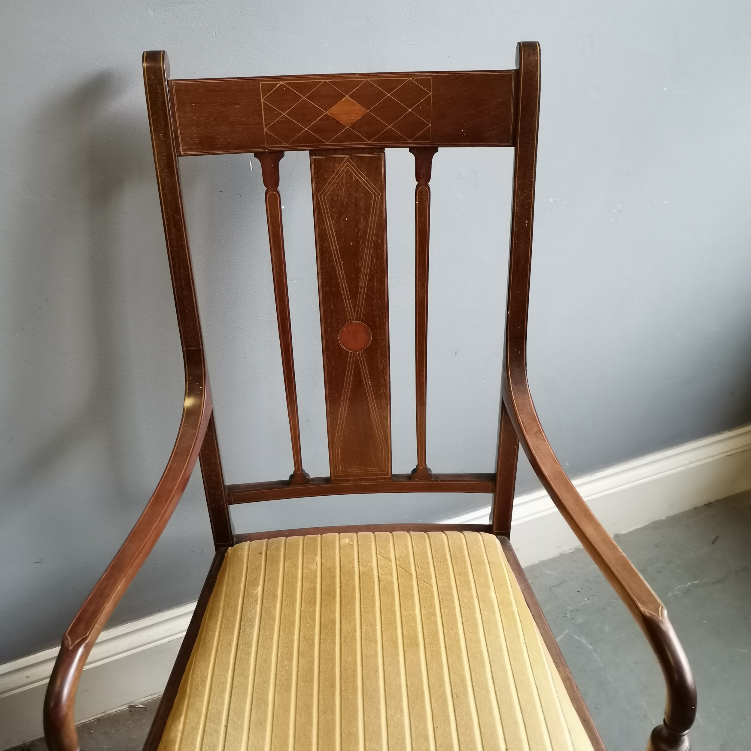 Edwardian mahogany and satinwood inlaid elbow chair, with drop in seat upholstered in a gold - Image 4 of 5