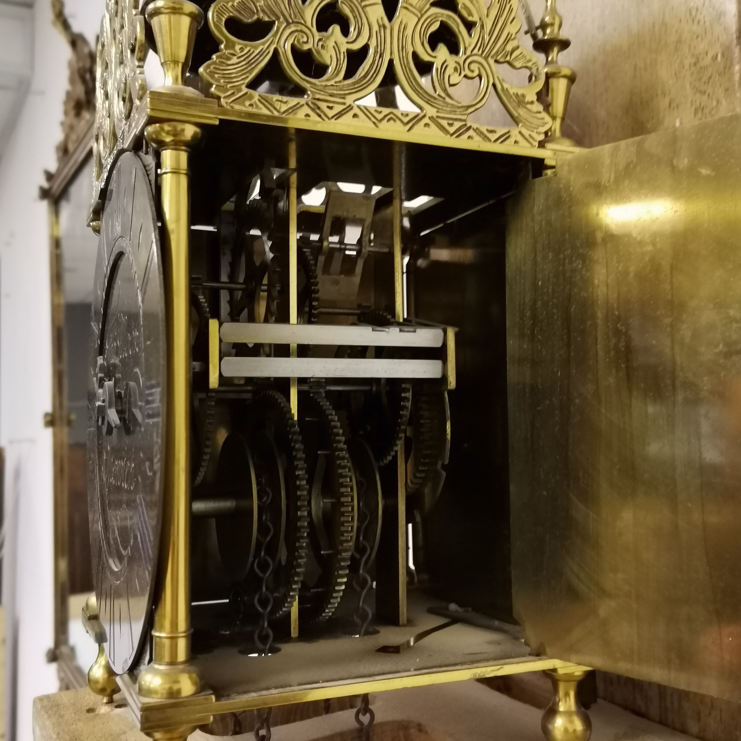 17th century style brass lantern bracket clock inscribed Thomas Moore, Ipswich on an oak wooden - Image 6 of 6