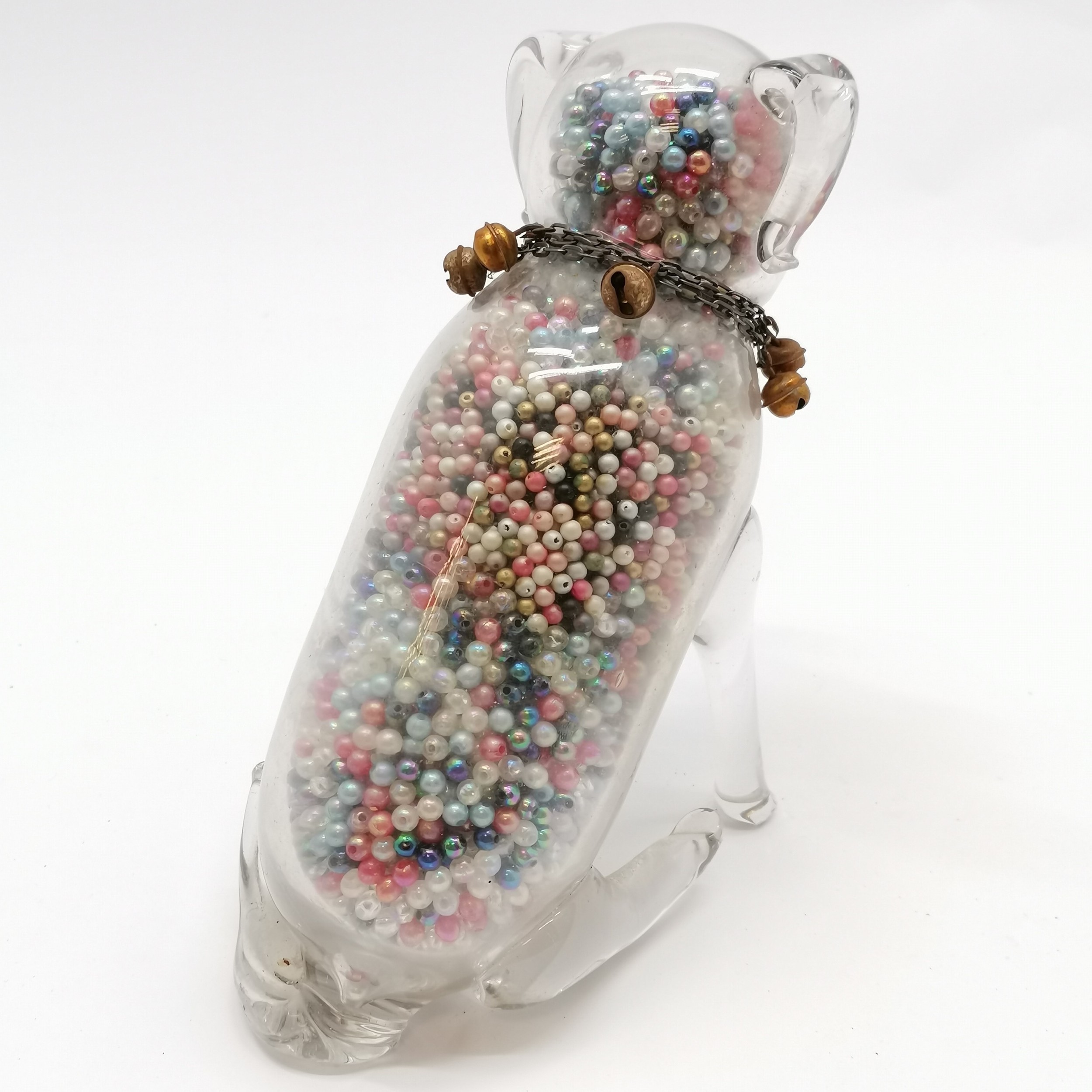 Unusual novelty glass dog figure filled with beads & has a metal chain collar with bells - 18.5cm - Image 3 of 4