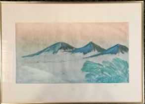 1991 signed (Philyº) etching of some mountains - frame 50cm x 70cm