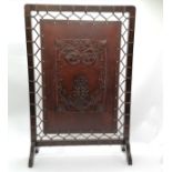 Liberty Arts & Crafts leather tooled fire screen attached to a wooden frame with leather stringing