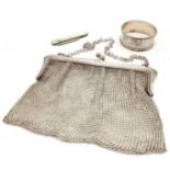 1924 silver mesh purse by AM&M Ld (13cm x 13cm and slight a/f) t/w silver napkin ring & silver
