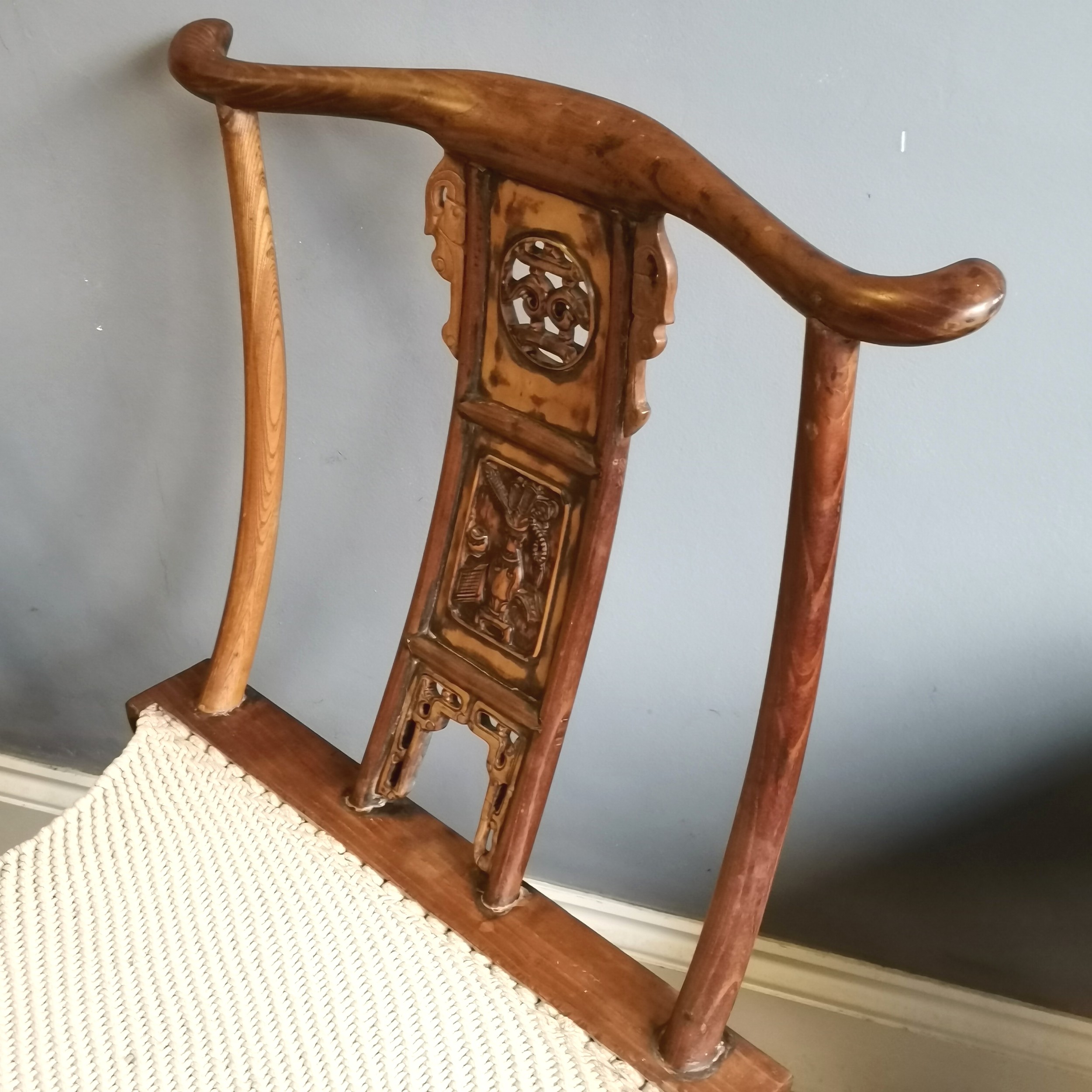 Pair of Chinese folding hardwood carved chairs with sisal seats. H97cm x D41cm x L55cm. In used - Image 7 of 7