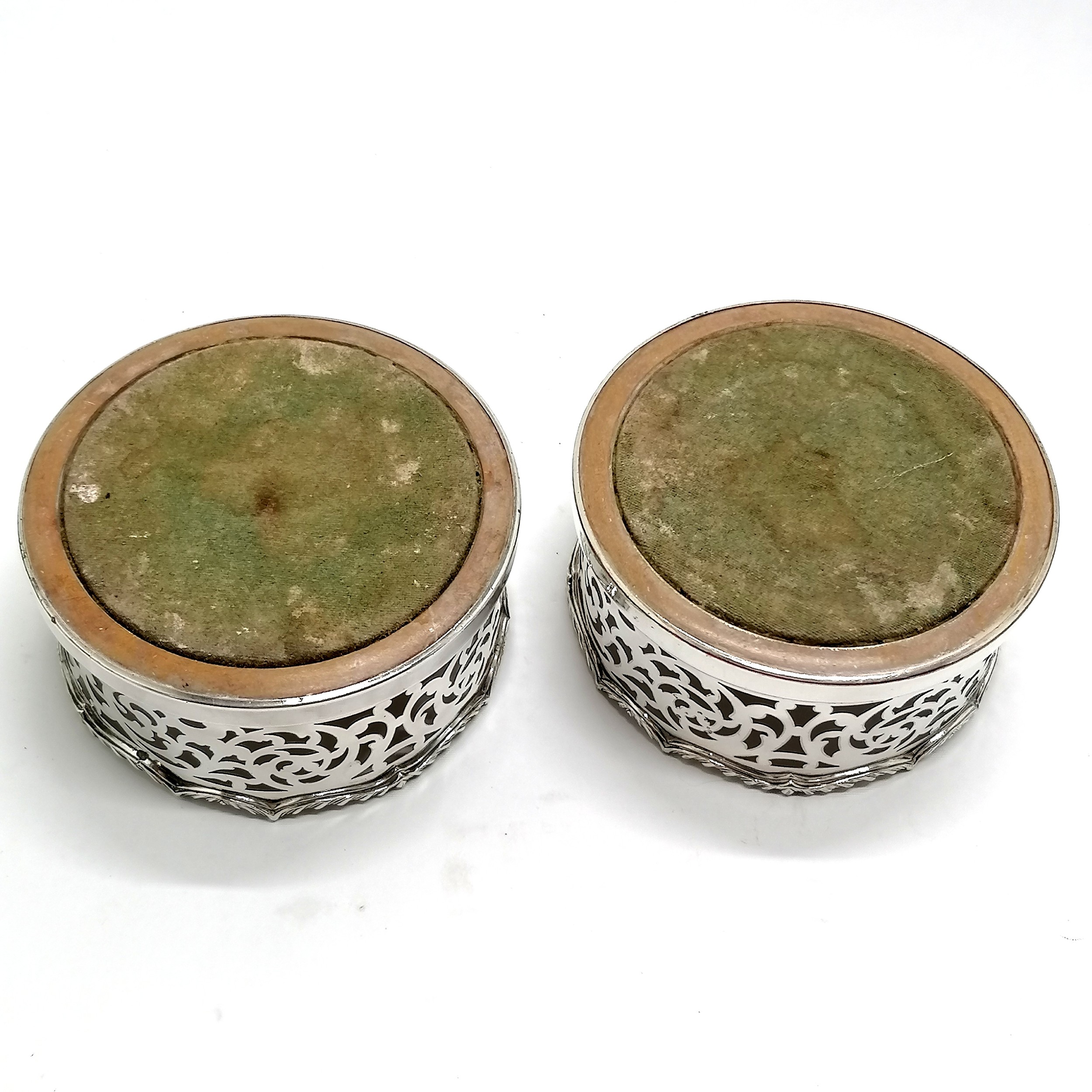Pair of antique bottle coasters with turned wooden bases and high pierced gallery detail - 14cm - Image 2 of 5