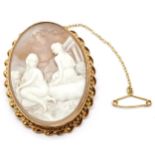 9ct hallmarked gold hand carved cameo brooch with classical scene with gold safety chain - 4cm