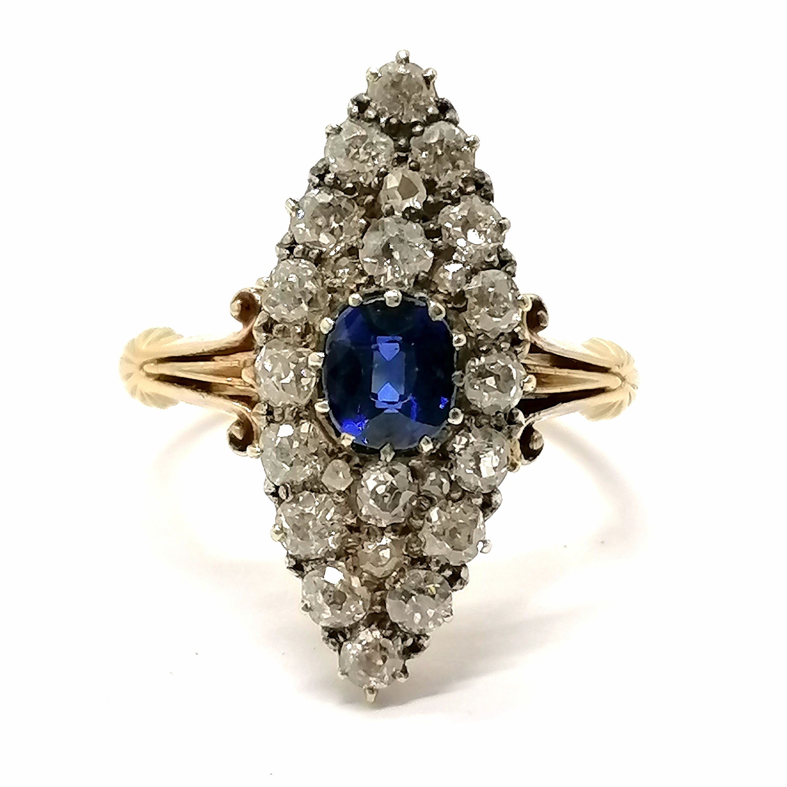 Antique 18ct marked gold sapphire & diamond cluster ring with marquise shaped head - size N & 5.3g