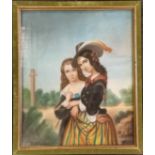 Original 1849 dated pastel of 2 young ladies with indistinct title lower right hand corner in a