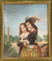 Original 1849 dated pastel of 2 young ladies with indistinct title lower right hand corner in a