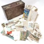 Wooden suitcase containing qty of postcards (inc South Petherton) & ephemera relating to