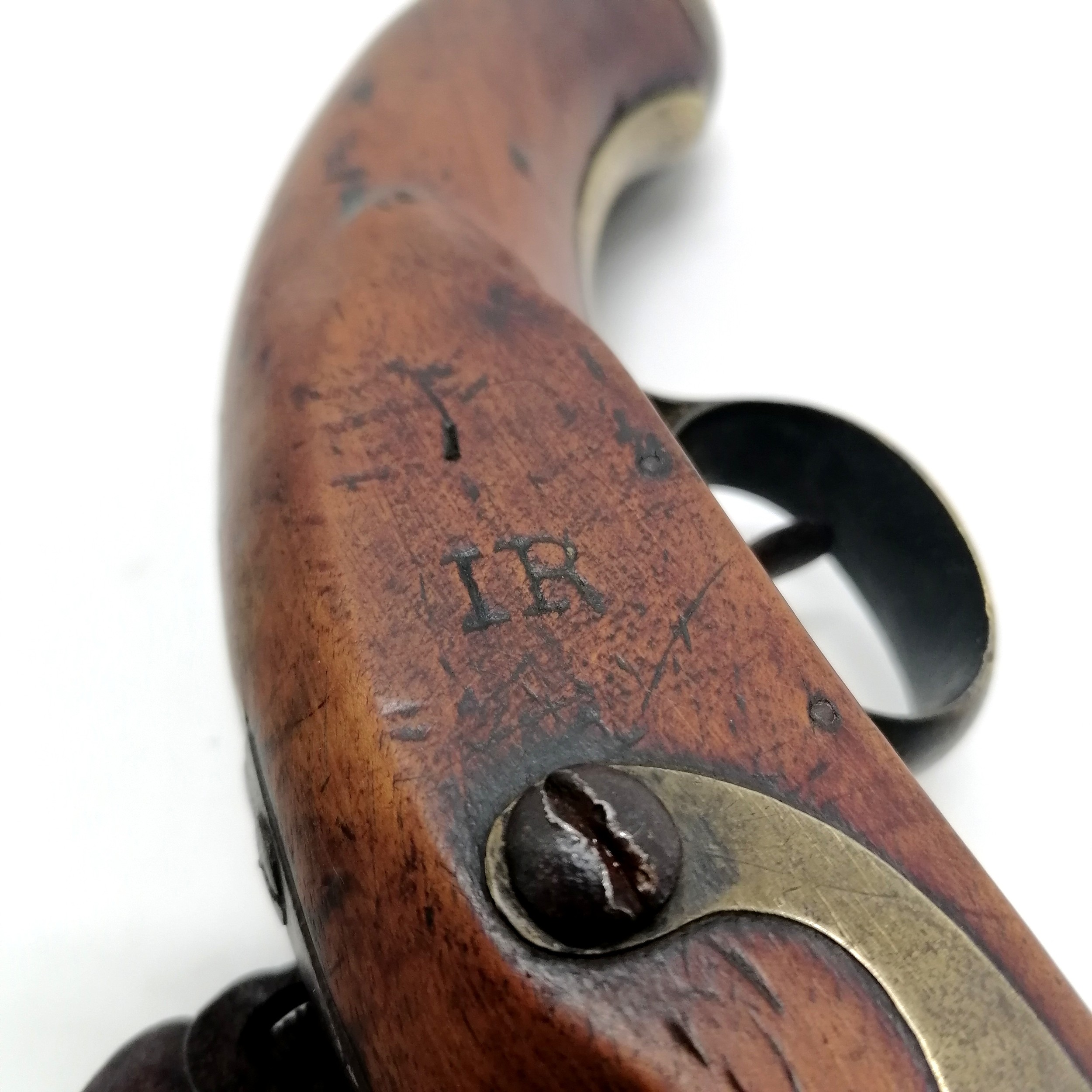Antique c.1800 tower lock flintlock pistol with GR crown mark and has touchmarks to barrel & stamped - Image 9 of 11