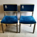 Pair of Silver Jubilee replica Coronation Peers chairs, in blue velvet with gold trim, each bears