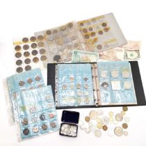 Qty of coins inc silver 3d's & 2 x Austria 50 schillings + banknotes + 2 coin albums (a/f) ~