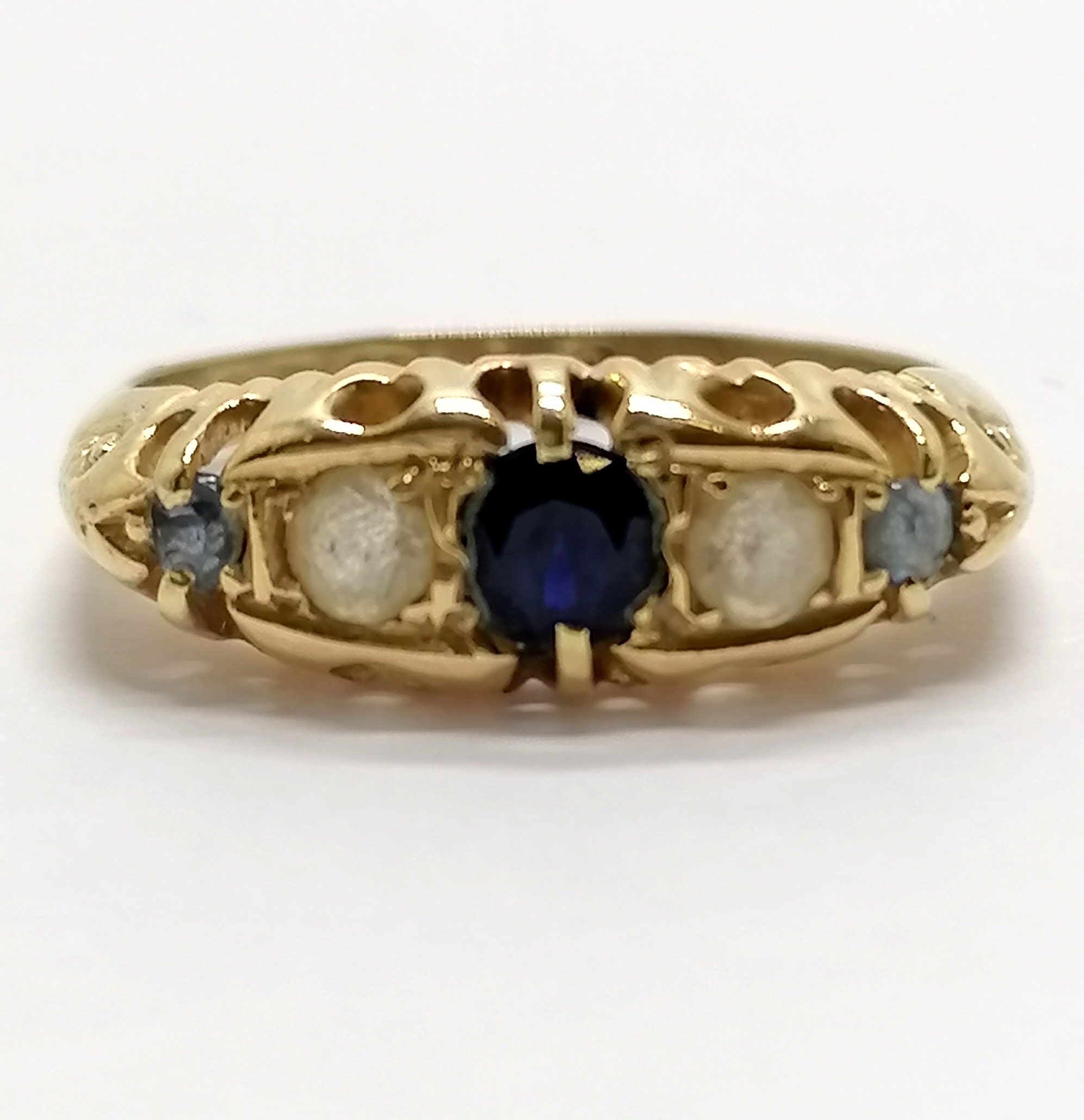 Antique 18ct hallmarked gold sapphire / white stone set ring - size H½ & 2.3g total weight - Image 2 of 4