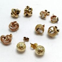 5 x pairs of 9ct marked gold earrings inc white stone set, rose gold, planished studs etc - total