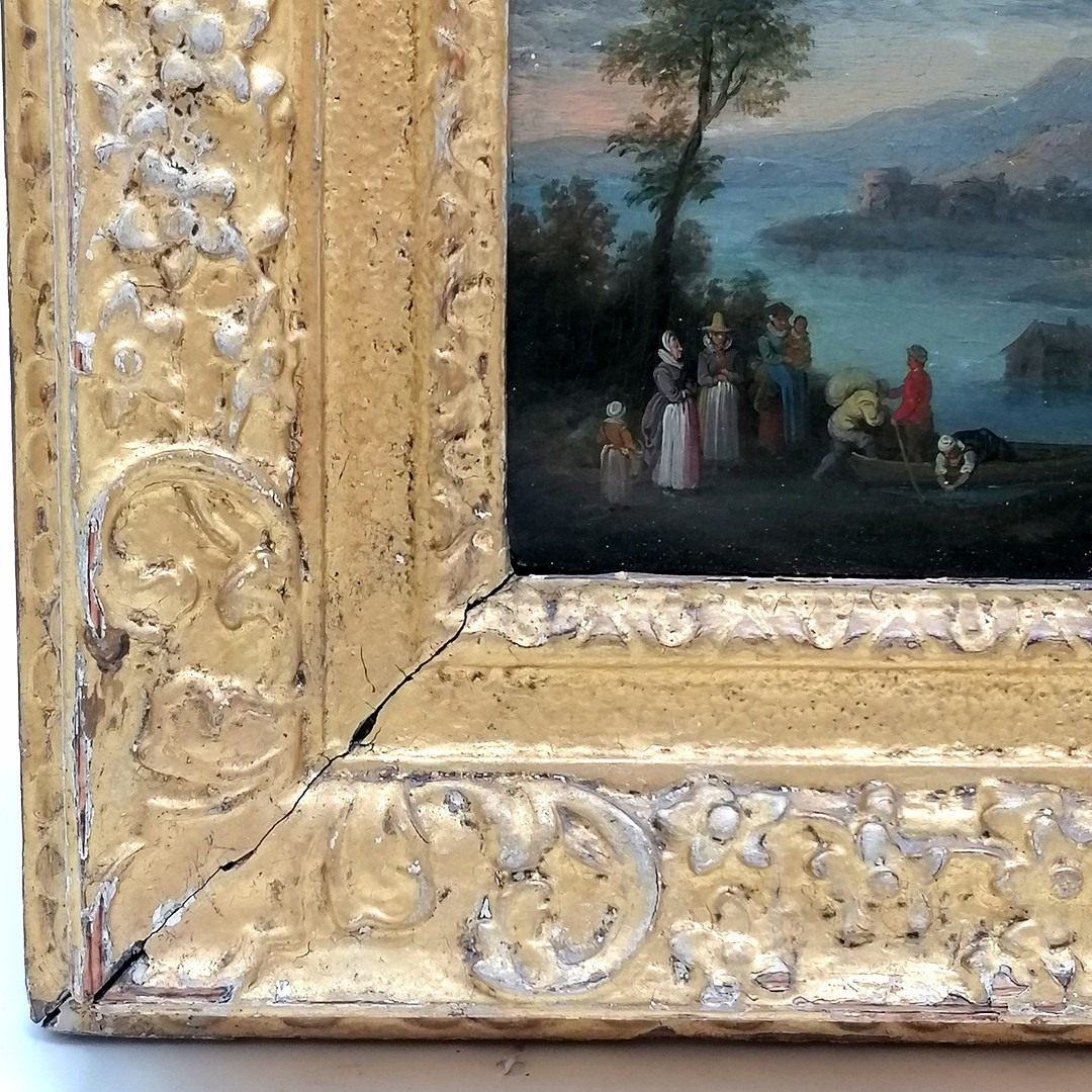Pair of 17th century oil paintings on panel of pastoral scenes in original gilt frames in the circle - Image 8 of 11